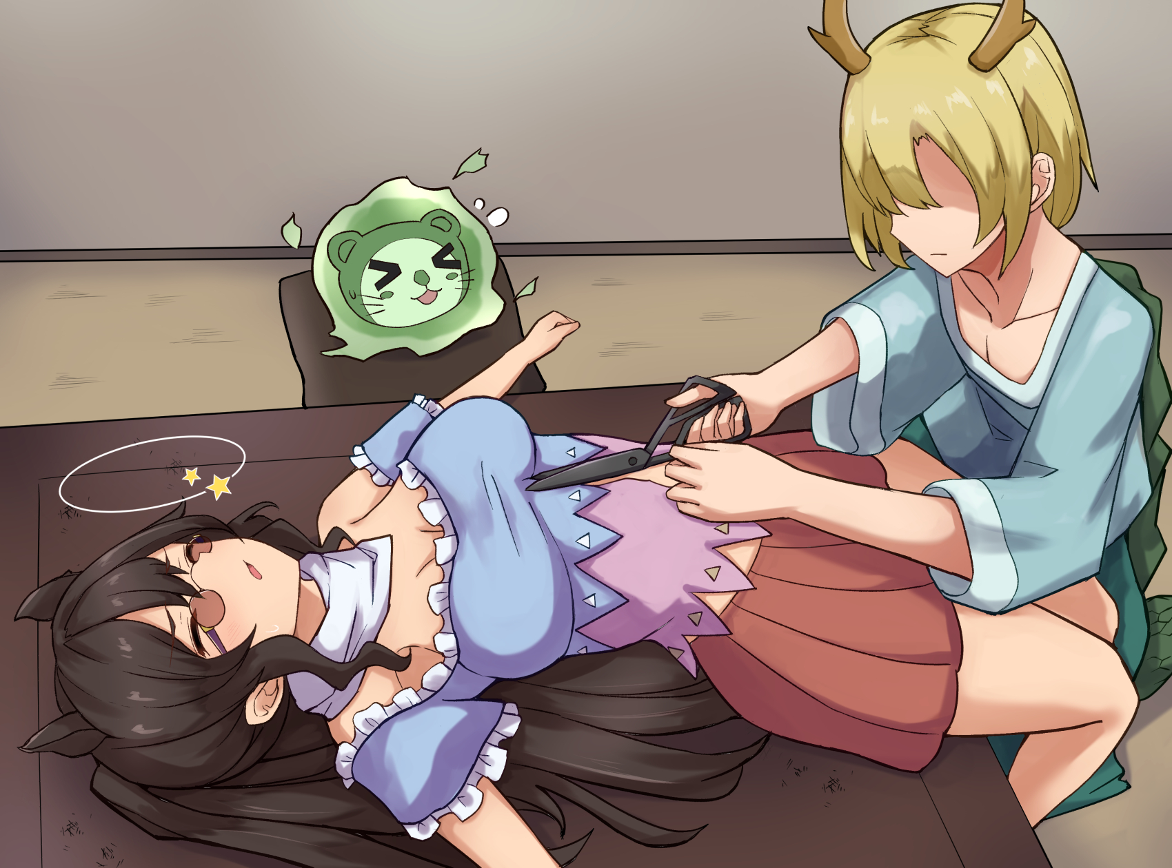 mani padme, kicchou yachie, kurokoma saki, otter spirit (touhou), manatsu no yo no inmu, touhou, commentary request, highres, 2girls, animal realm yakuza (touhou), antlers, bandana, blonde hair, blue shirt, breasts, dragon girl, dragon horns, dragon tail, green scales, green tail, holding, holding scissors, horns, long hair, multiple girls, off-shoulder shirt, off shoulder, otter, overskirt, scissors, shirt, short hair, square neckline, tail, turtle shell, white bandana, yellow horns