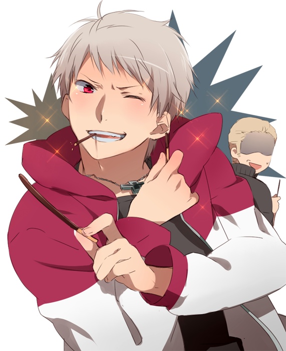 germany (hetalia), prussia (hetalia), axis powers hetalia, clothes, tagme, 00s, eating, food, grey hair, jacket, pocky, red eyes, short hair, sweat, sweets, teeth, wink