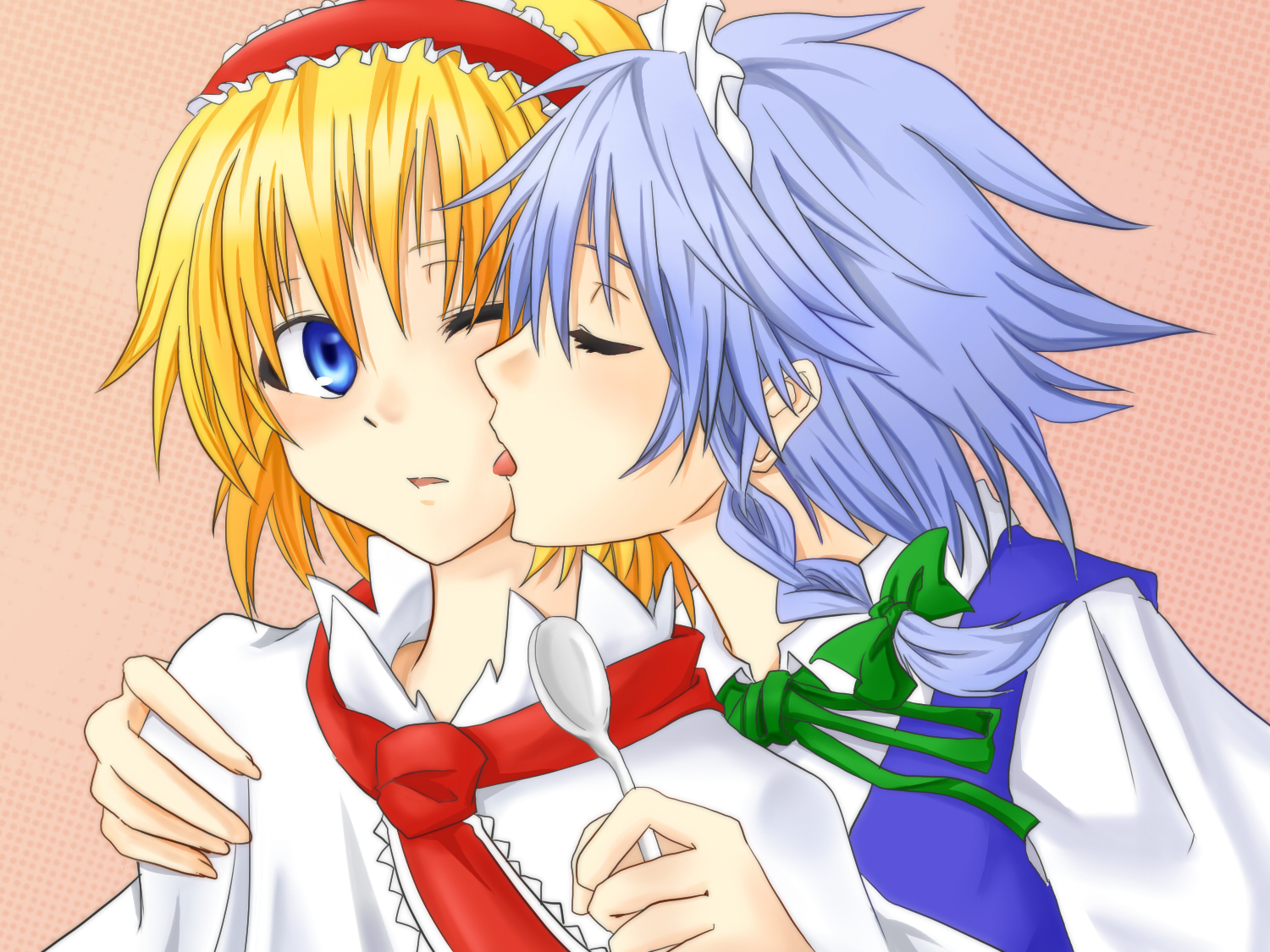 sen'yuu yuuji, alice margatroid, izayoi sakuya, touhou, 2girls, blonde hair, blue eyes, blush, braid, closed eyes, couple, female focus, grey hair, hair between eyes, hand on another's shoulder, holding another's arm, licking, looking at another, maid, multiple girls, neck, one eye closed, short hair, single braid, spoon, tongue, upper body, wince, wink, yuri