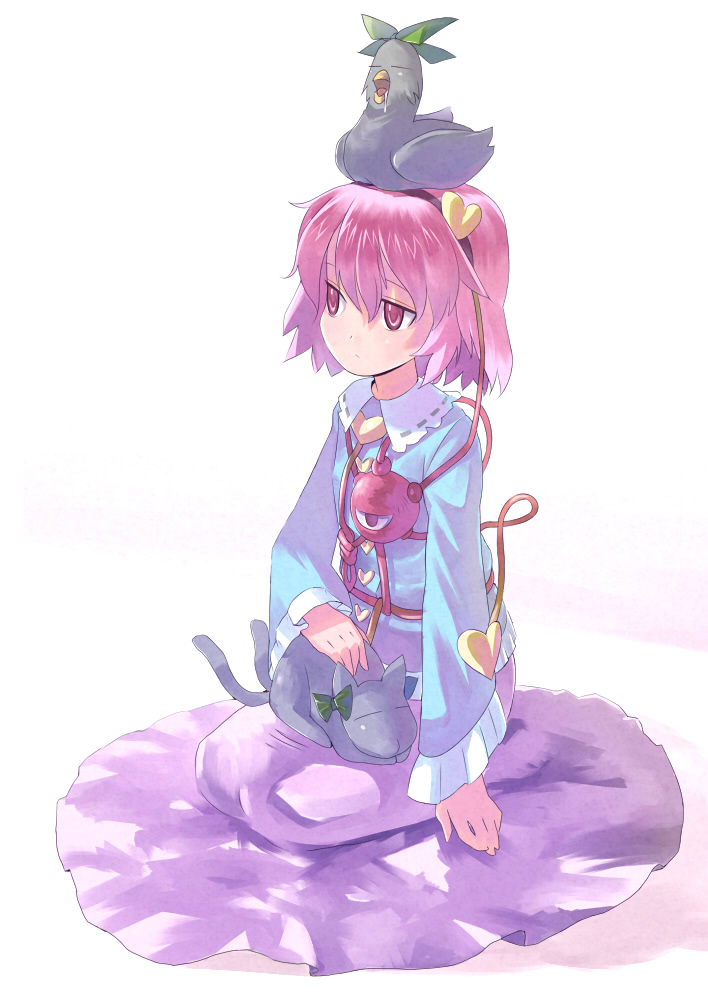 yaten, kaenbyou rin, kaenbyou rin (cat), komeiji satori, reiuji utsuho, reiuji utsuho (bird), touhou, 1girl, animal, animal on head, bird, bird on head, cat, eyeball, female focus, heart, long sleeves, looking afar, on head, pink eyes, pink hair, seiza, short hair, simple background, sitting, third eye, white background