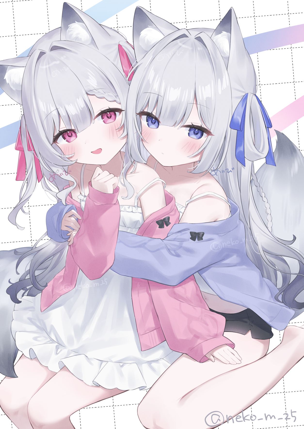 meibi 1, original, 2girls, animal ear fluff, animal ears, arm at side, bare legs, bare shoulders, black shorts, blue eyes, blue jacket, blue ribbon, blush, bow, braid, braided bangs, breasts, camisole, closed mouth, collarbone, dress, feet out of frame, frilled dress, frills, gradient hair, grey hair, grey tail, hair intakes, hair ribbon, hair rings, hand up, hug, hug from behind, jacket, jacket partially removed, long hair, long sleeves, looking at viewer, midriff, multicolored hair, multiple girls, off shoulder, open clothes, open jacket, open mouth, pink jacket, red eyes, red ribbon, ribbon, short dress, short shorts, shorts, siblings, simple background, sitting, sleeves past wrists, small breasts, smile, spaghetti strap, strap slip, sundress, tail, tail raised, twins, two side up, wariza, watermark, white background, white camisole, white dress