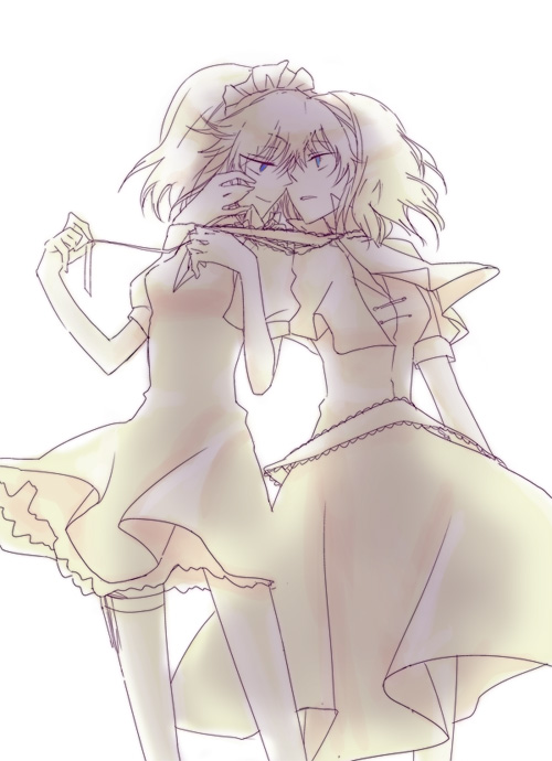 megumiya, alice margatroid, izayoi sakuya, touhou, bad id, bad pixiv id, 2girls, blue eyes, female focus, imminent kiss, monochrome, multiple girls, short hair, simple background, spot color, white background, yellow theme, yuri