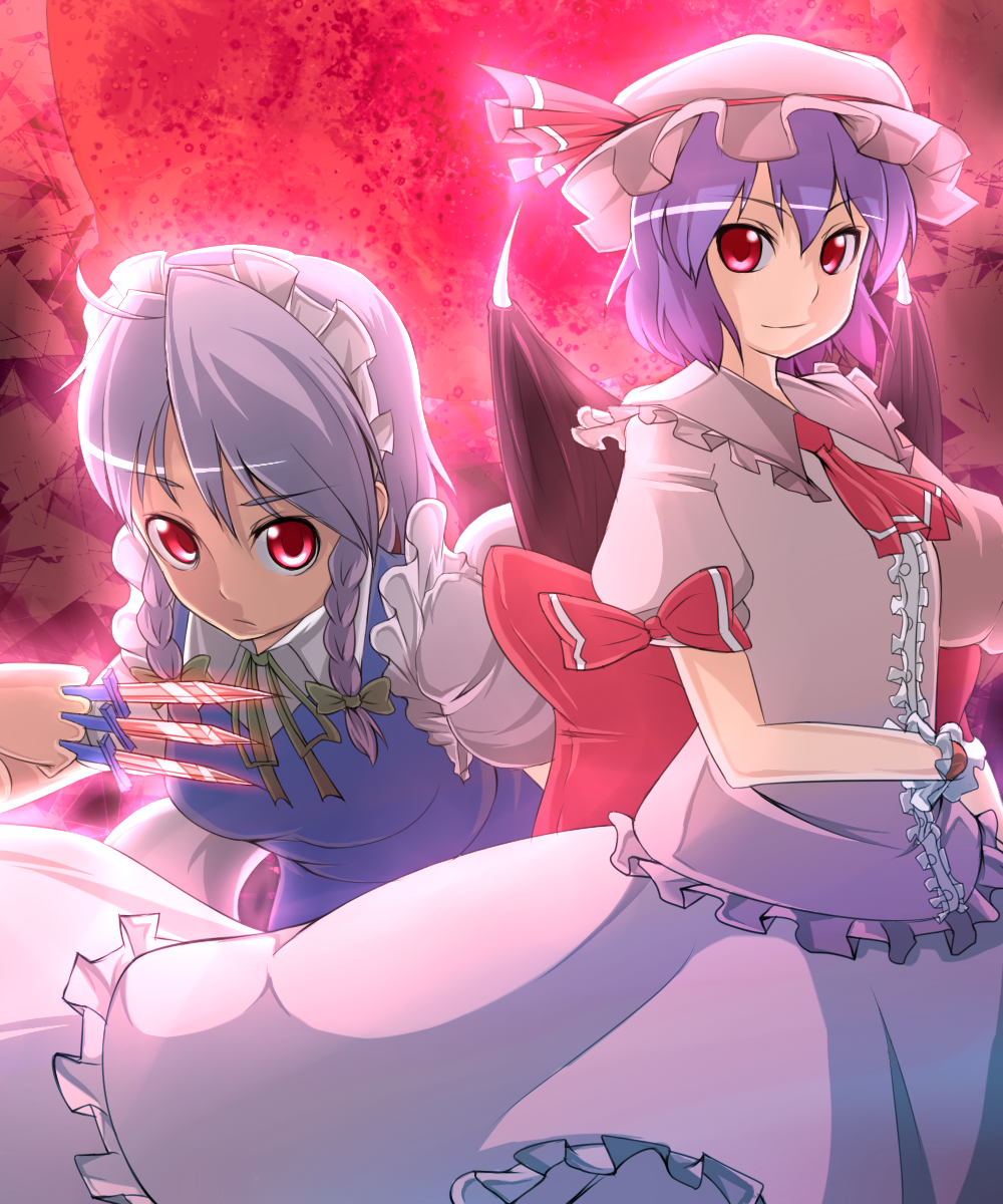 ibuki notsu, izayoi sakuya, remilia scarlet, touhou, silver hair, bad id, bad pixiv id, highres, 2girls, breasts, female focus, hat, knife, maid, multiple girls, purple hair, red eyes, skirt, throwing knife, weapon, wings