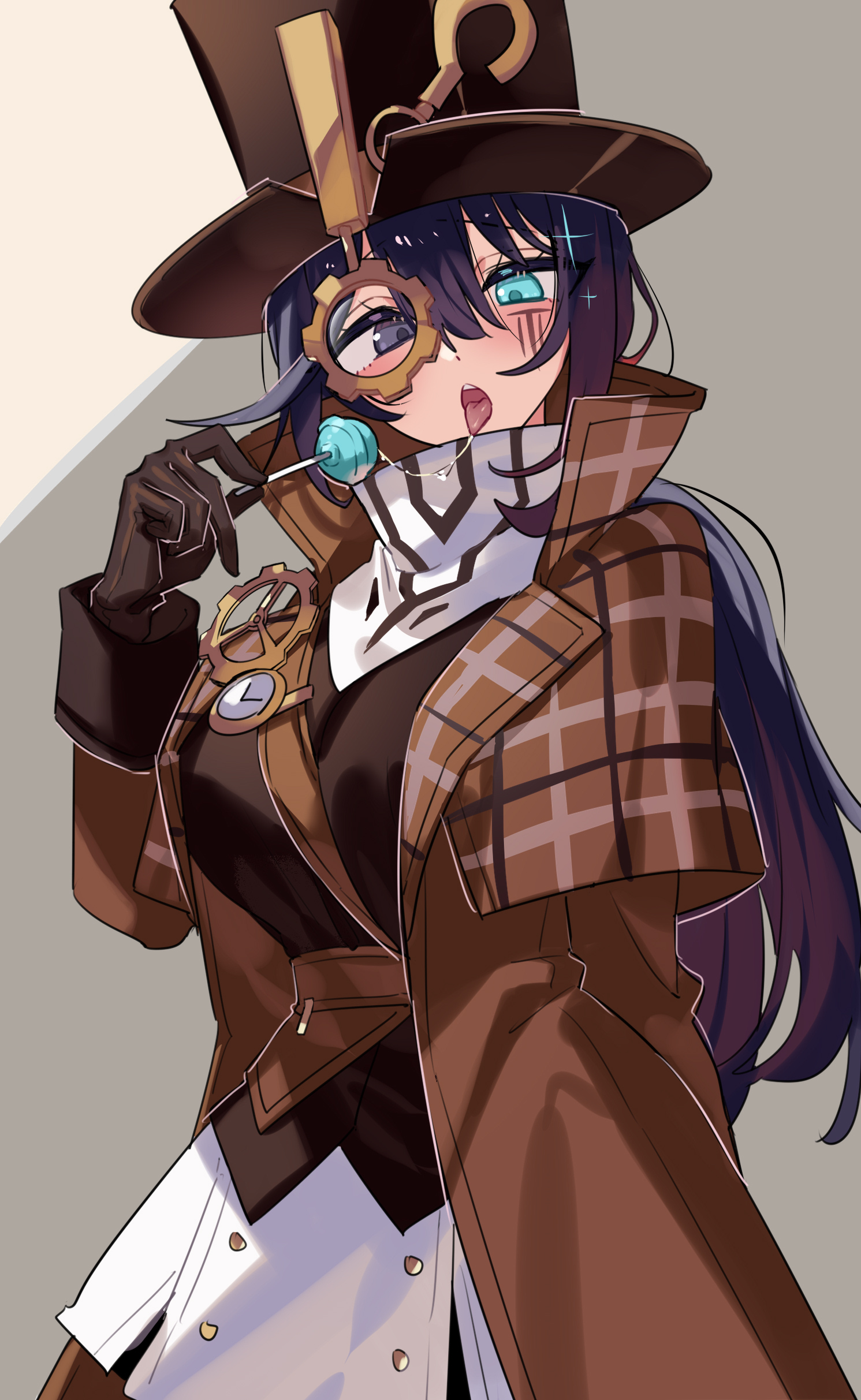 shiki (shikki46), hong lu (project moon), limbus company, project moon, absurdres, highres, 1girl, aqua eyes, breasts, brown coat, brown gloves, brown hat, brown vest, coat, gear hat ornament, genderswap, genderswap (mtf), gloves, hat, hat ornament, heterochromia, large breasts, looking at viewer, monocle, open mouth, purple eyes, purple hair, saliva, saliva trail, solo, tongue, tongue out, top hat, vest, yurodiviye (identity) (project moon)
