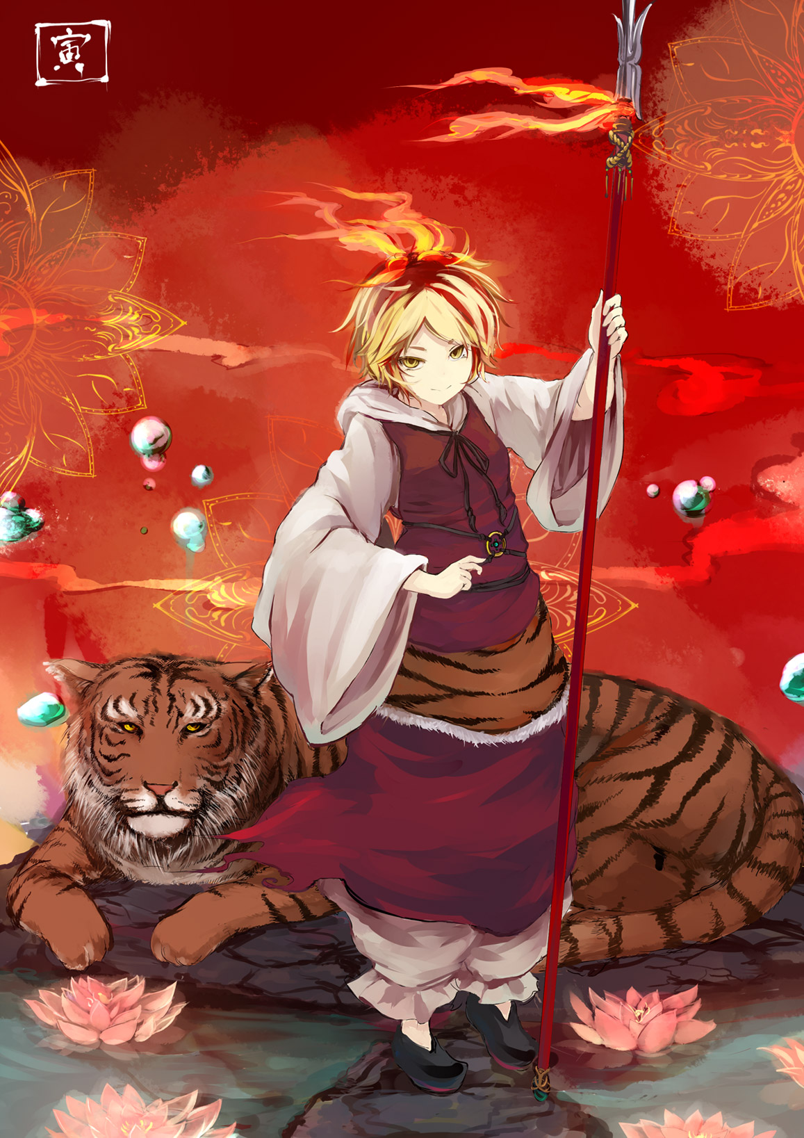 bee (deadflow), toramaru shou, touhou, bad id, bad pixiv id, highres, 1girl, blonde hair, female focus, flower, full body, hair ornament, plant, polearm, shawl, short hair, solo, spear, standing, tiger, water, weapon, yellow eyes