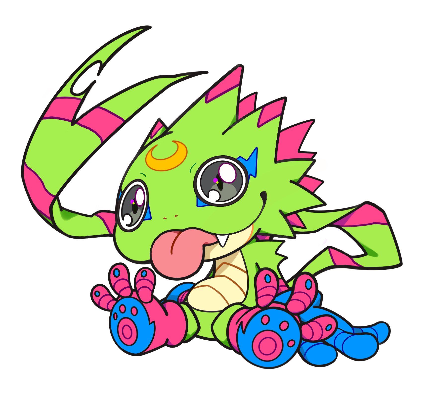 pesukx x, gekkomon, digimon, commentary, highres, symbol-only commentary, blue gloves, digimon (creature), fangs, full body, gecko, gloves, grey eyes, no humans, simple background, sitting, solo, tongue, tongue out, white background