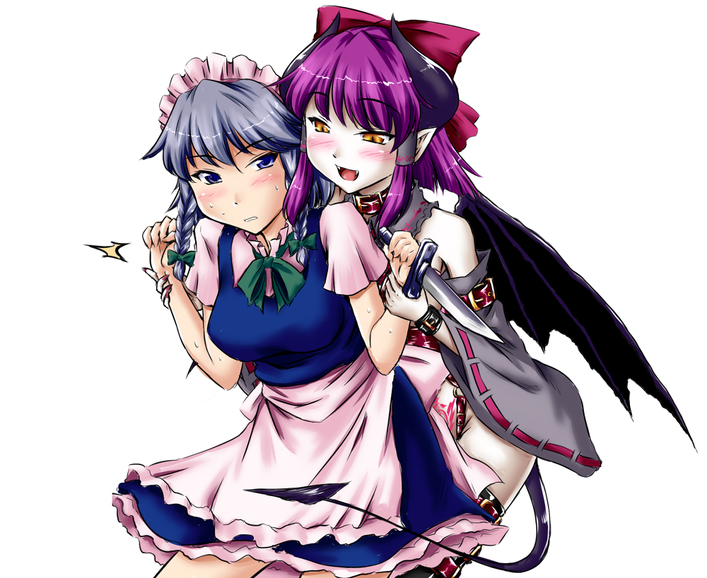 yuzu momo, hakurei reimu, izayoi sakuya, touhou, 2girls, bat wings, blush, corruption, dark persona, demon girl, demon tail, detached sleeves, fangs, female focus, horns, japanese clothes, knife, miko, multiple girls, nail polish, pale skin, short hair, tail, throwing knife, weapon, wings, you gonna get raped