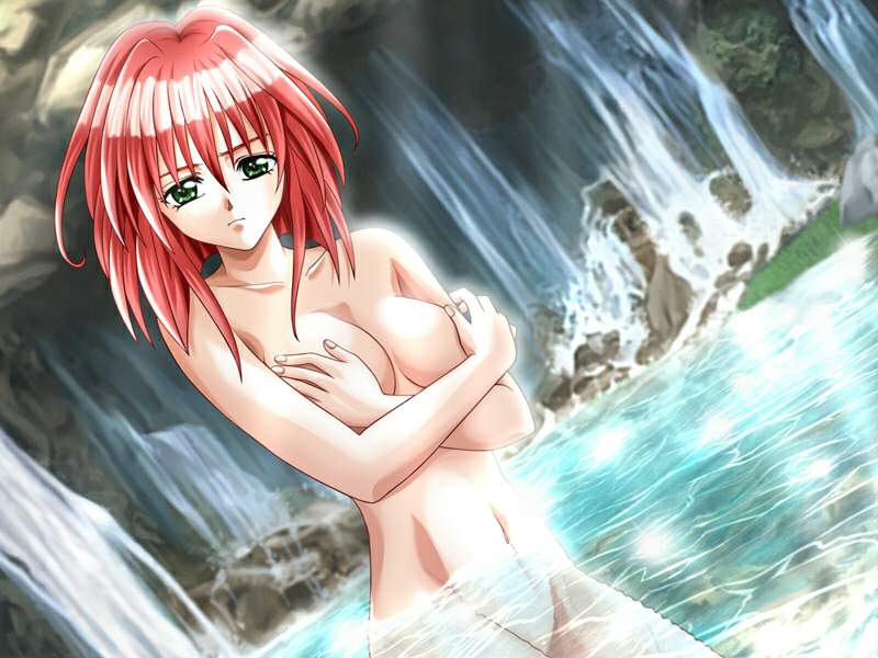 mochizuki nozomu, escape plus, character request, game cg, jpeg artifacts, third-party edit, 1girl, breasts, covering breasts, covering privates, crossed arms, dutch angle, female focus, frown, green eyes, groin, navel, nude, nude cover, red hair, solo, uncensored, water, waterfall