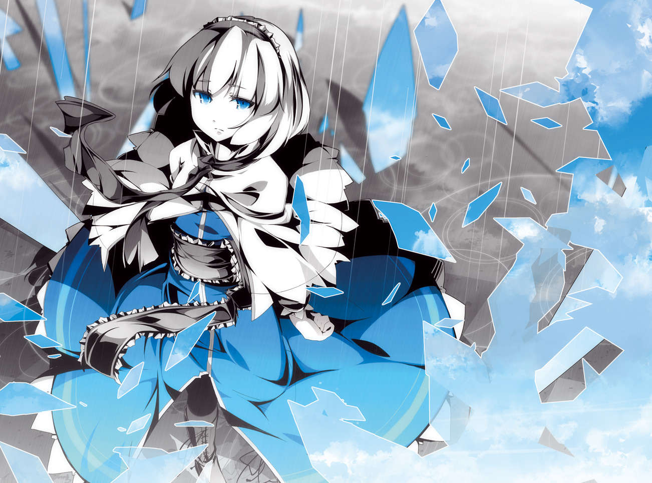 asakura masatoki, alice margatroid, touhou, shatter, jpeg artifacts, 1girl, blue eyes, blue theme, broken glass, capelet, day, dress, female focus, from above, glass, hairband, looking up, monochrome, obi, partially colored, rain, sad, sash, short hair, sky, solo, standing