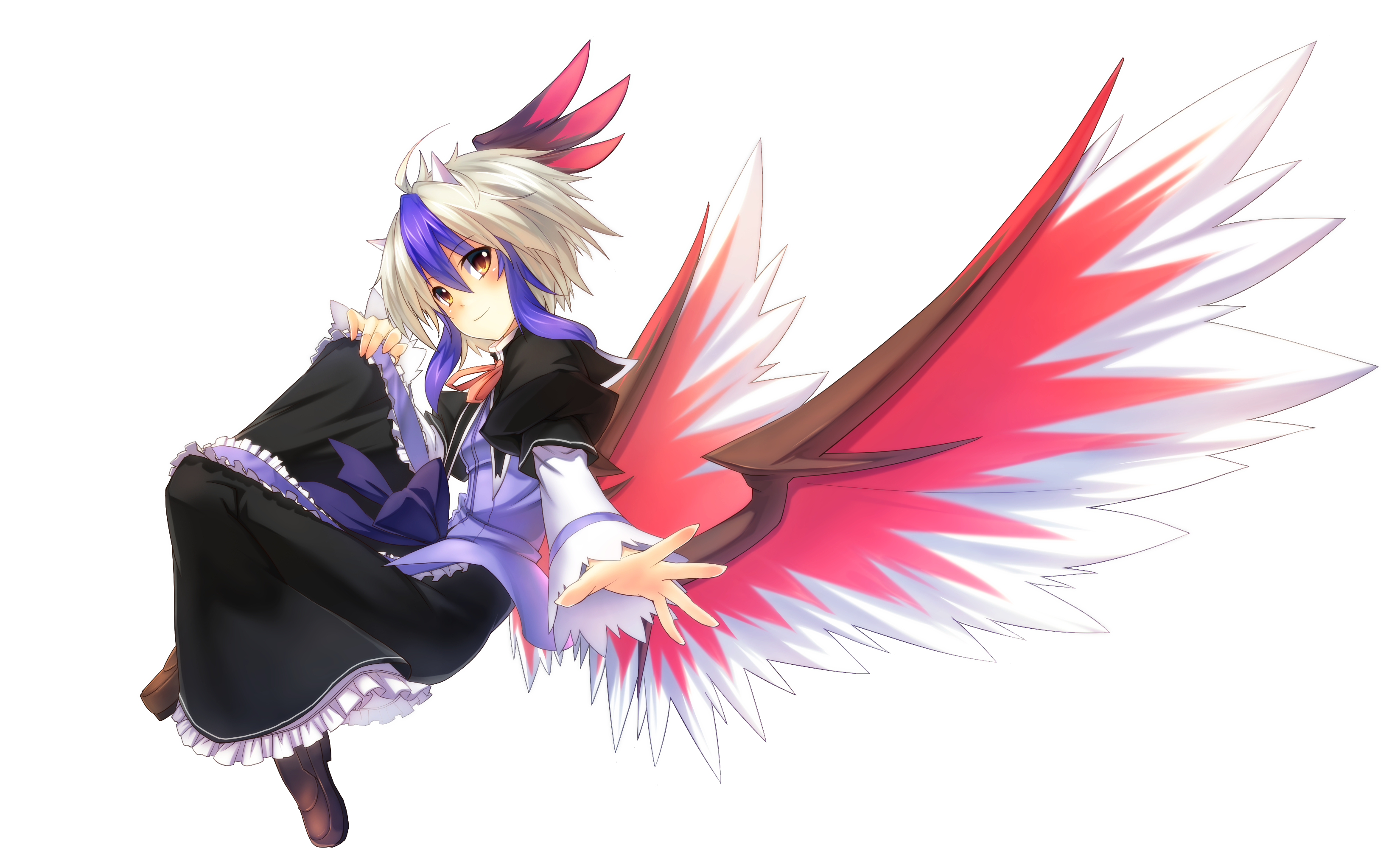 eho (icbm), kaiho, tokiko (touhou), curiosities of lotus asia, touhou, silver hair, absurdres, bad id, bad pixiv id, highres, 1girl, ahoge, bird wings, blue hair, blush, female focus, full body, head wings, horns, long skirt, long sleeves, multicolored hair, outstretched arm, short hair, skirt, smile, solo, transparent background, two-tone hair, white background, wings, yellow eyes