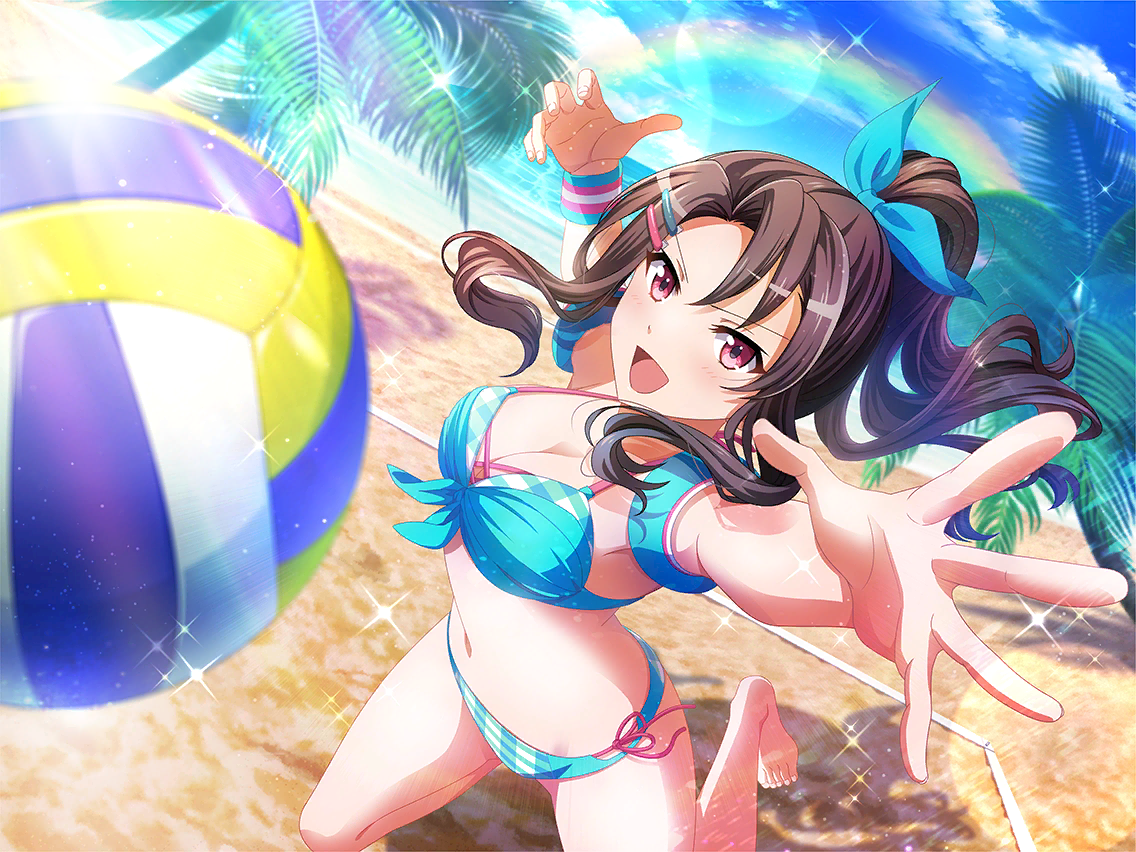 akikaze rui, shoujo kageki revue starlight, shoujo kageki revue starlight -re live-, game cg, official art, 1girl, ball, beach, beach volleyball, bikini, black hair, blue bikini, breasts, cleavage, day, hair ornament, hairclip, jumping, long hair, looking at viewer, medium breasts, navel, open mouth, ponytail, rainbow, red eyes, sidelocks, solo, stomach, swimsuit, tree, v-shaped eyebrows, volleyball (object), wavy hair, wristband