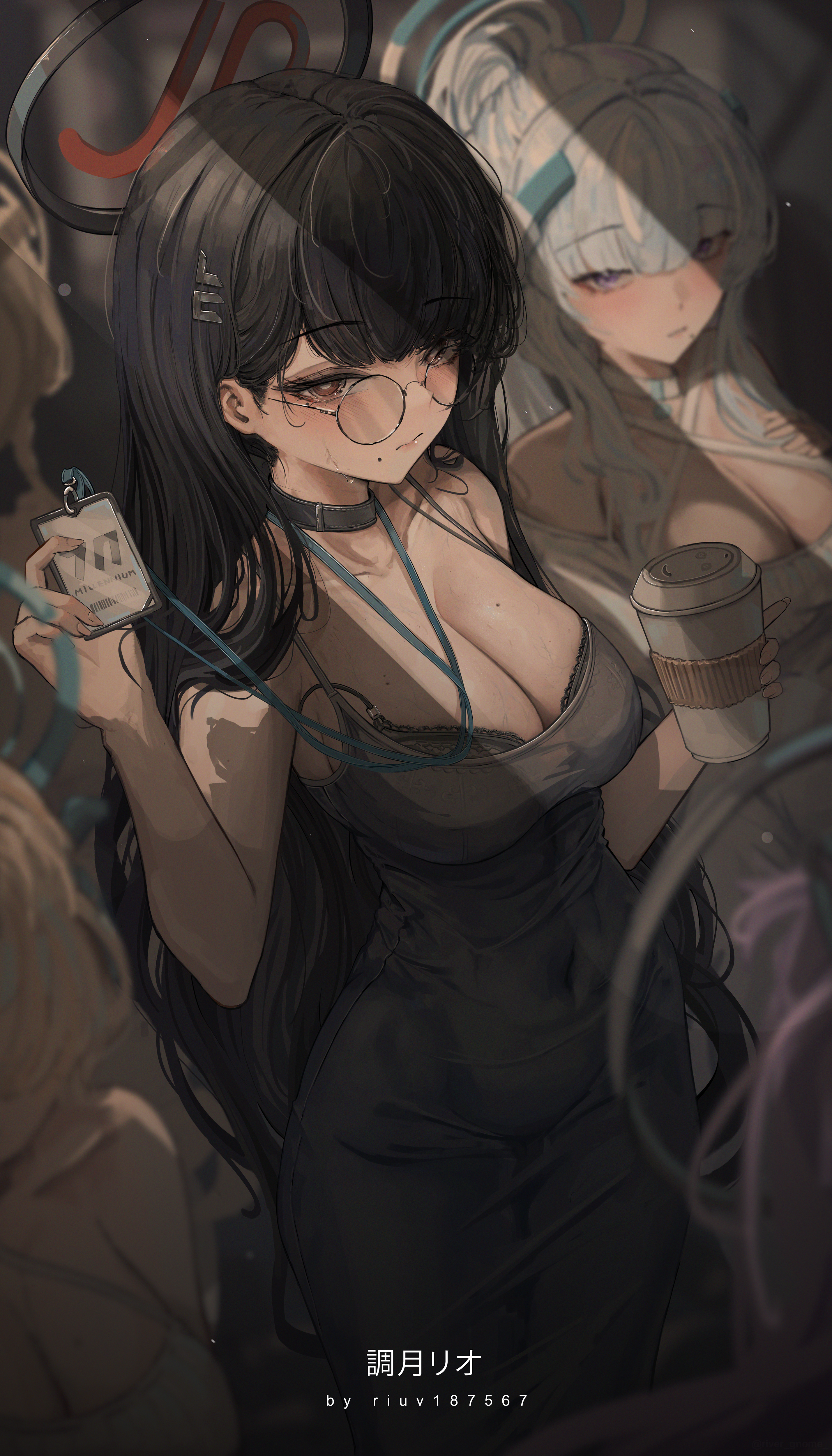 riuv187567, noa (blue archive), rio (blue archive), blue archive, absurdres, highres, 2girls, alternate costume, artist name, bespectacled, black bra, black choker, black hair, blurry, blurry background, bra, breasts, character name, choker, covered navel, cup, disposable cup, dongtan dress, dress, glasses, grey dress, grey hair, halo, headgear, holding, holding cup, holding lanyard, lace, lace-trimmed bra, lace trim, lanyard, large breasts, long hair, looking at viewer, mole, mole on breast, mole under eye, multiple girls, out of frame, round eyewear, sleeveless, sleeveless dress, straight hair, sweat, underwear, very long hair