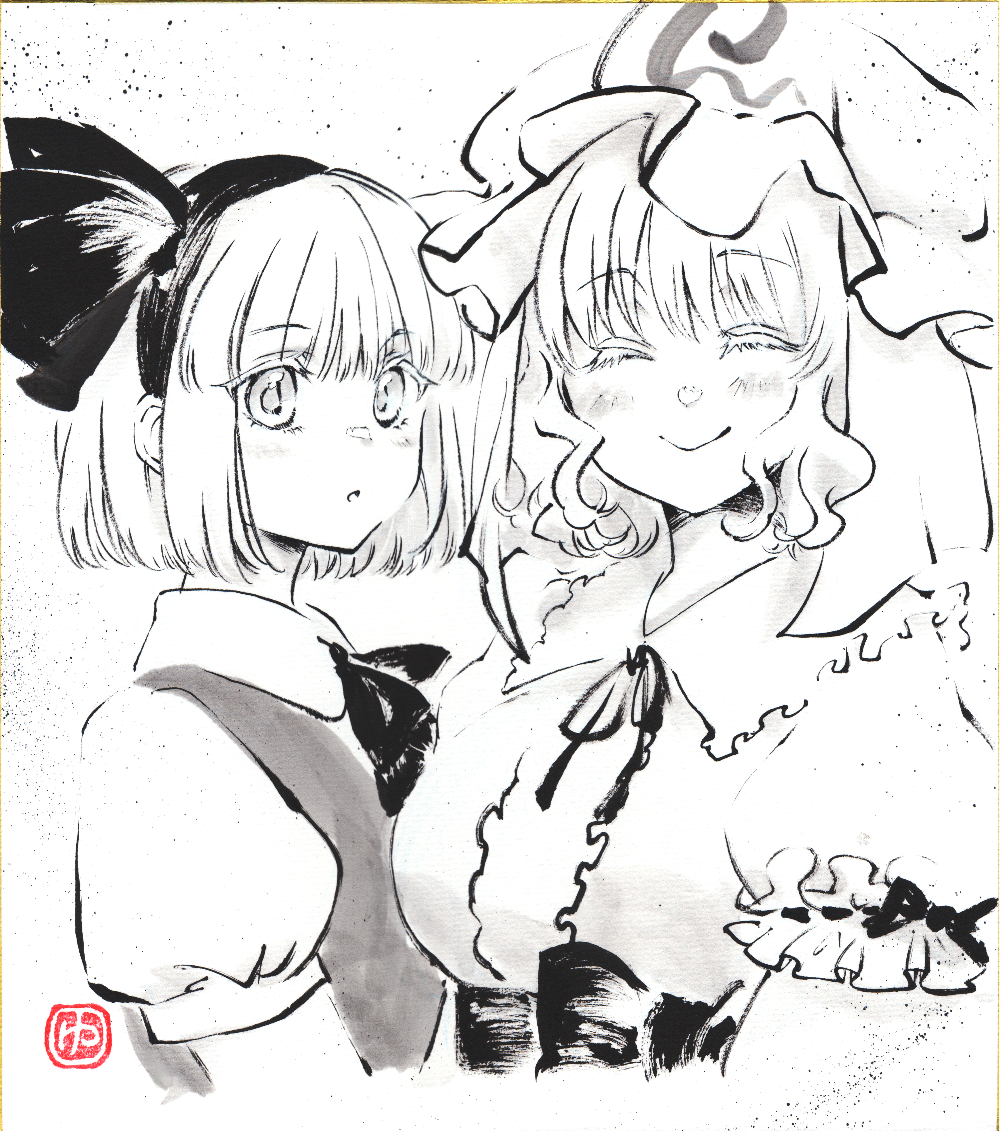 yuzuha (yuzutime), konpaku youmu, saigyouji yuyuko, touhou, absurdres, commentary request, highres, traditional media, 2girls, ascot, blush, breasts, closed eyes, closed mouth, collared shirt, facing viewer, frilled kimono, frills, greyscale, hairband, hat, japanese clothes, kimono, large breasts, looking at viewer, medium hair, mob cap, monochrome, multiple girls, neck ribbon, puffy short sleeves, puffy sleeves, ribbon, shikishi, shirt, short hair, short sleeves, sleeve garter, sumi-e, triangular headpiece, upper body, vest