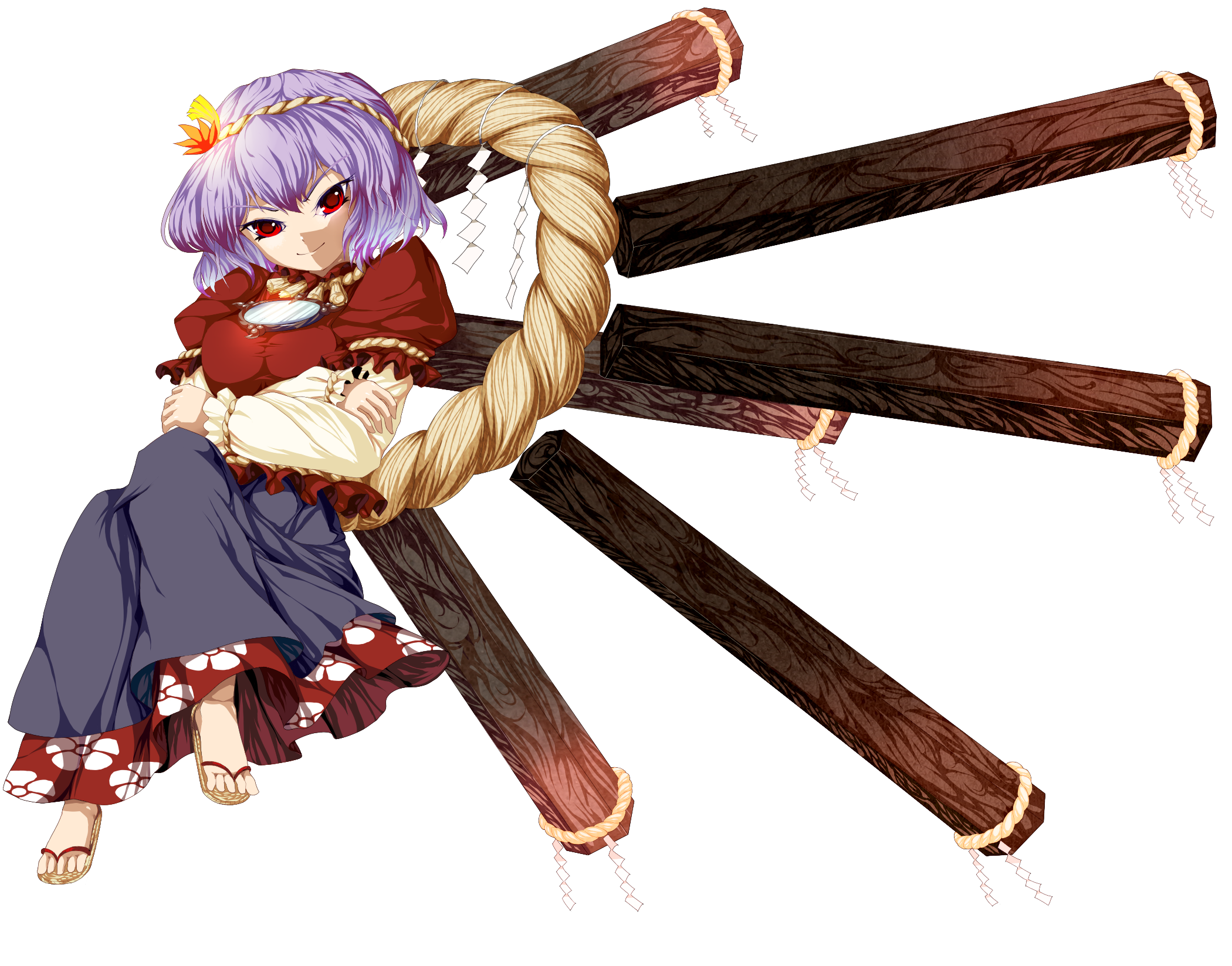 sakimori dan, yasaka kanako, touhou, highres, 1girl, female focus, full body, hair ornament, leaf, leaf hair ornament, mirror, onbashira, purple hair, red eyes, rope, sandals, shimenawa, short hair, solo, transparent background