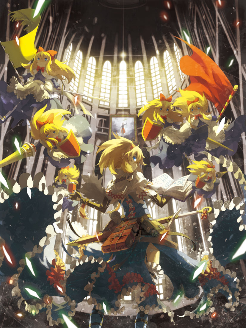 9ji, 9ji (8giri), alice margatroid, shanghai doll, touhou, 6+girls, blonde hair, blue eyes, book, doll, female focus, hairband, indoors, lance, long hair, multiple girls, polearm, shield, short hair, solo, spear, spell card, standing, sword, weapon