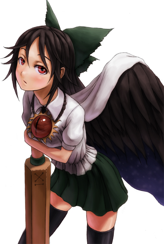 kurione (pixiv), kurione (zassou), reiuji utsuho, touhou, bad id, bad pixiv id, 1girl, arm under breasts, black hair, black thighhighs, blouse, bow, cape, female focus, hair between eyes, hair bow, long hair, pleated skirt, red eyes, shirt, simple background, skirt, solo, thighhighs, white background, white shirt, wings, zettai ryouiki