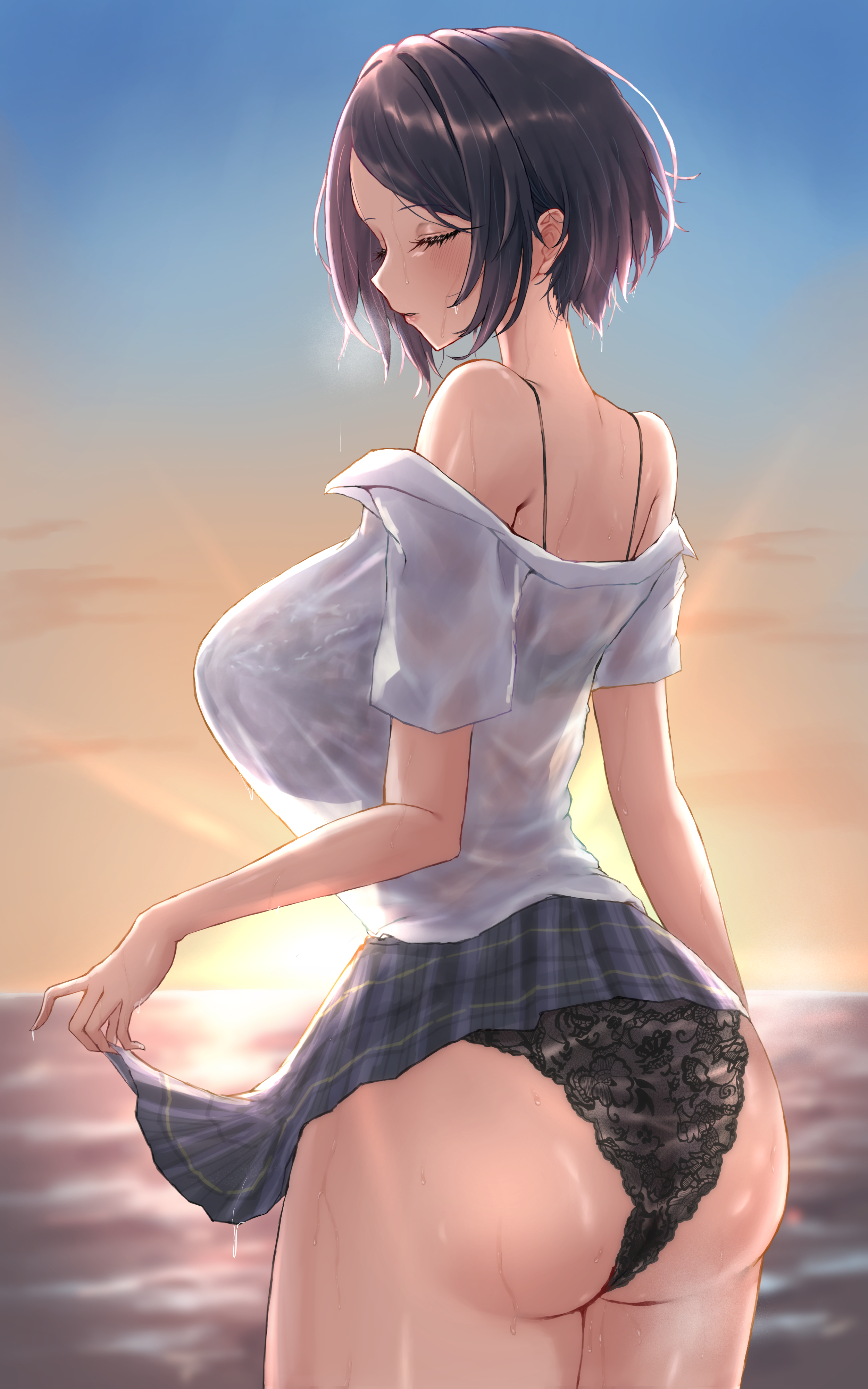 torishu (kumataka 4867), hayami kanade, idolmaster, idolmaster cinderella girls, absurdres, commentary request, highres, 1girl, alternate breast size (larger), ass, black bra, black hair, black panties, black skirt, blush, bra, bra visible through clothes, breasts, closed eyes, clothes pull, large breasts, microskirt, panties, parted bangs, plaid clothes, plaid skirt, see-through silhouette, shirt, shirt pull, short hair, skirt, solo, sunset, underwear, wet, wet clothes, wet shirt, white shirt