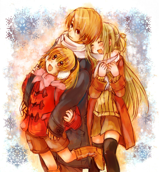 midori-neko, houjou satoko, houjou satoshi, sonozaki shion, higurashi no naku koro ni, black legwear, bad id, bad pixiv id, 00s, 1boy, 2girls, :d, ^ ^, blonde hair, blush, closed eyes, coat, earmuffs, leg up, long sleeves, multiple girls, open mouth, sandwiched, scarf, short hair, smile, standing, standing on one leg, thighhighs, zettai ryouiki