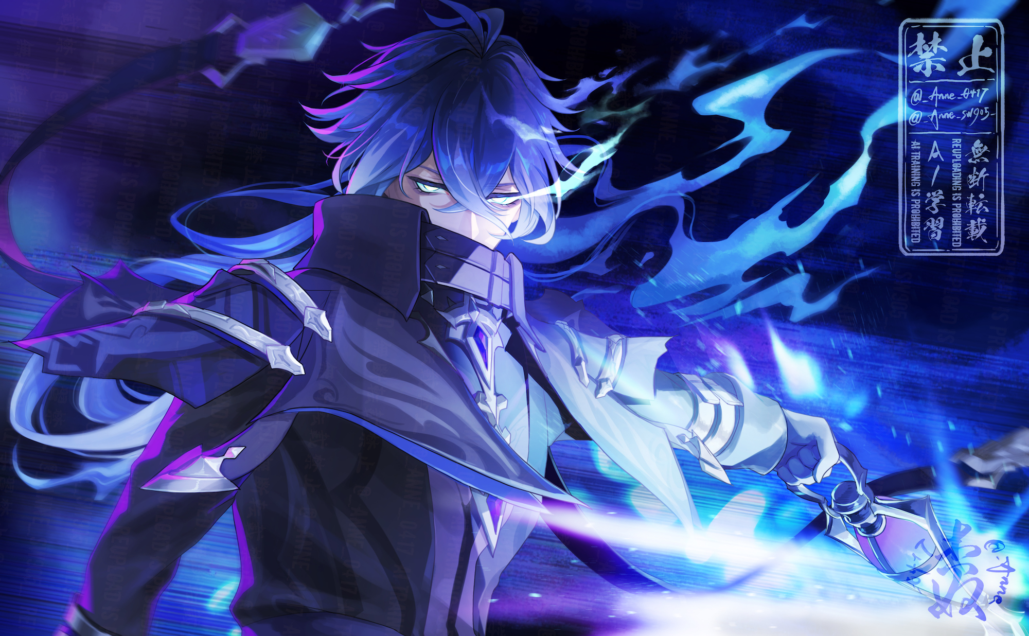 anne (anne 0417), flins (genshin impact), genshin impact, commentary request, highres, 1boy, antenna hair, black capelet, black coat, black gloves, blue fire, blue hair, capelet, coat, collared capelet, covered mouth, crossed bangs, fire, flaming eye, gloves, hair between eyes, holding, holding lantern, lantern, long hair, long sleeves, looking at viewer, male focus, outstretched arm, solo, twitter username, upper body, watermark, yellow eyes
