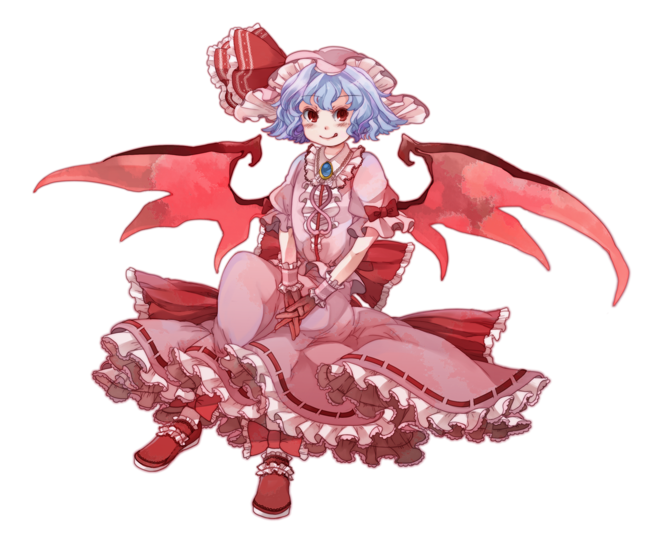 chachi, chachi (azuzu), remilia scarlet, touhou, bad id, bad pixiv id, highres, 1girl, bat wings, blue hair, blush, female focus, full body, gloves, hat, looking at viewer, puffy short sleeves, puffy sleeves, red eyes, shoes, short hair, short sleeves, solo, spikes, transparent background, vampire, wings