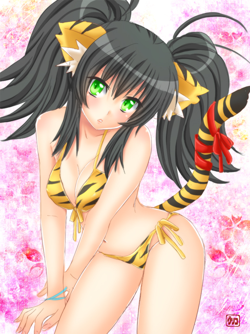 pengin guriko, original, bad id, bad pixiv id, 10s, 1girl, 2010, animal ears, animal print, bikini, black hair, blush, female focus, front-tie top, green eyes, long hair, new year, ribbon, side-tie bikini bottom, solo, swimsuit, tail, tiger ears, tiger print, tiger tail, twintails, yellow bikini