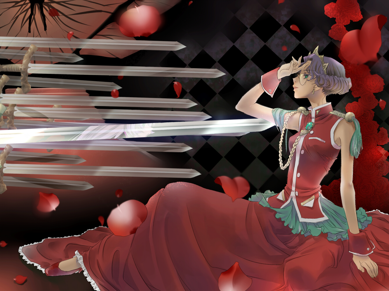 jorotama, himemiya anthy, tenjou utena, shoujo kakumei utena, 1990s (style), 2girls, aiguillette, aqua gemstone, dark-skinned female, dark skin, dress, earrings, floating object, floating sword, floating weapon, flower, gem, glasses, green eyes, jewelry, long hair, multiple girls, petals, pink hair, profile, purple hair, red dress, retro artstyle, rose, short hair, sitting, solo focus, sword, tassel, tiara, weapon, wrist cuffs