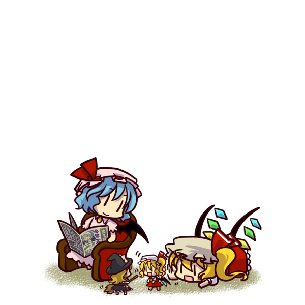 socha, flandre scarlet, kirisame marisa, letty whiterock, remilia scarlet, touhou, >:d, 2girls, :d, bat wings, blonde hair, blue hair, broom, chair, character doll, chibi, doll, female focus, hat, hat ribbon, mob cap, multiple girls, newspaper, open mouth, playing, ribbon, short sleeves, side ponytail, simple background, smile, v-shaped eyebrows, white background, wings, | |