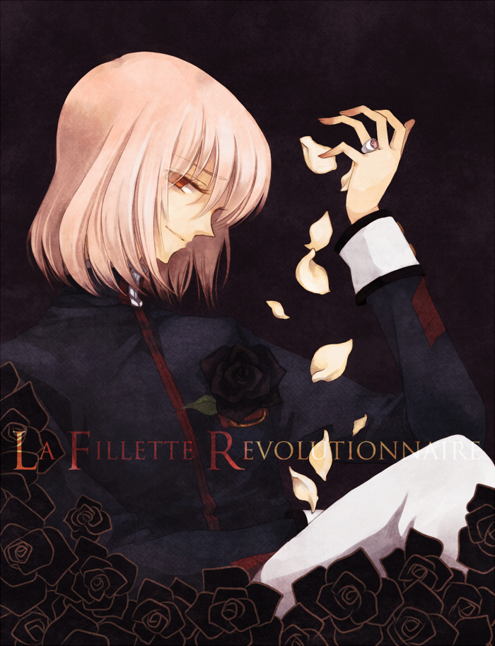 rinka, mikage souji, shoujo kakumei utena, 1990s (style), 1boy, black background, black flower, black rose, boutonniere, copyright name, eyes visible through hair, flower, jewelry, male focus, petals, pink hair, profile, red eyes, retro artstyle, ring, rose, short hair, smile, solo