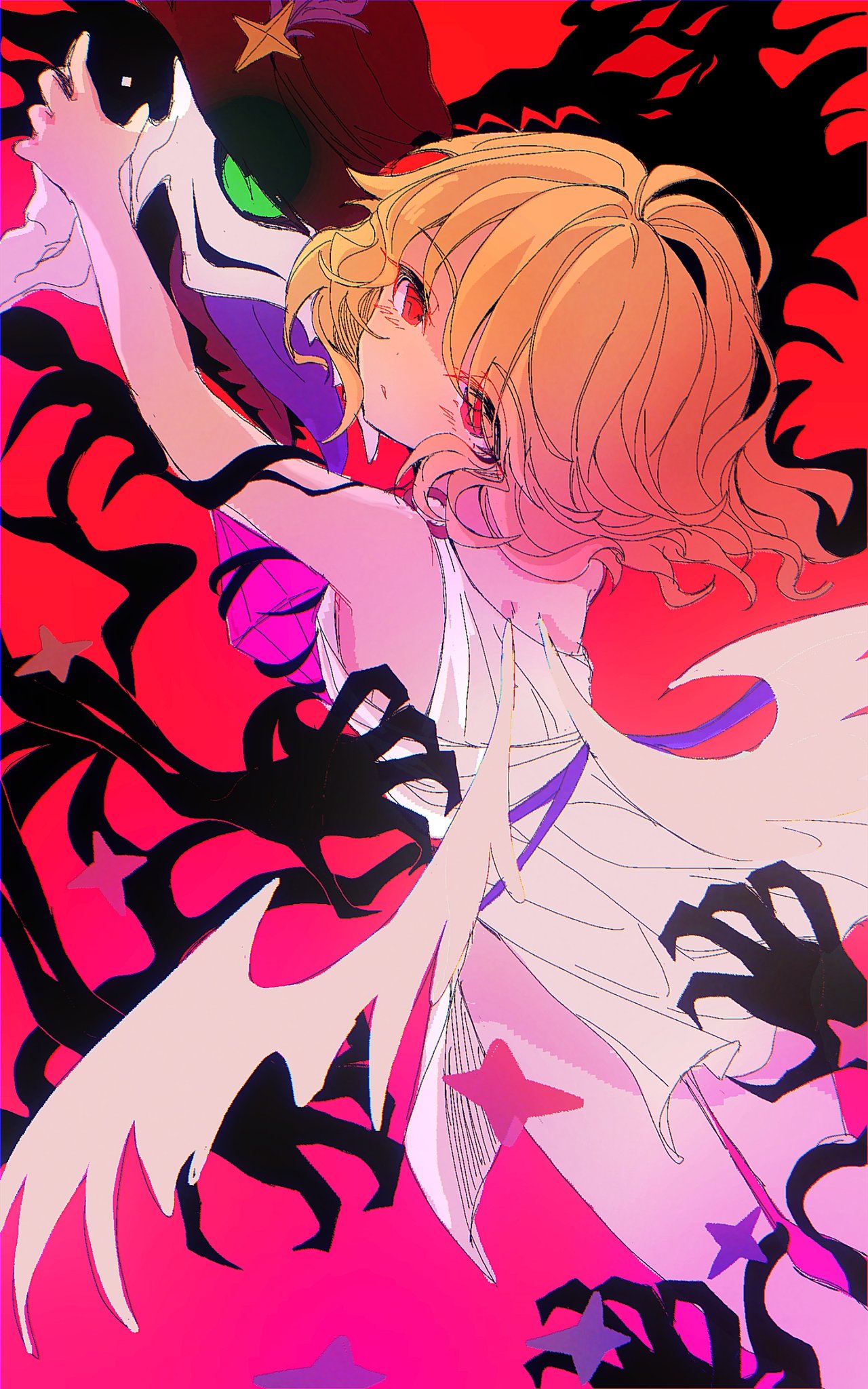 lucci (lucci1544447), guardian tales, character request, commentary request, highres, 1girl, bare shoulders, blonde hair, cowboy shot, dress, from behind, looking at viewer, looking back, purple background, red background, red eyes, short hair, solo focus, white dress