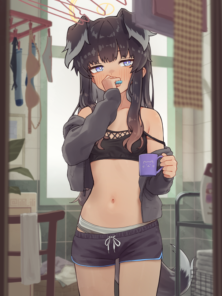 special cat, hibiki (blue archive), blue archive, commentary, paid reward available, variant set, 1girl, animal ears, black hair, dog ears, dog girl, dog tail, halo, holding, navel, panties, shorts, solo, tail, toothbrush, underwear