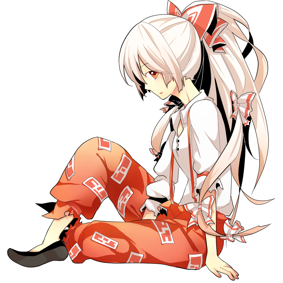 karasouko, sorakura shikiji, fujiwara no mokou, touhou, bad id, bad pixiv id, 1girl, blouse, bow, eyes visible through hair, female focus, from side, full body, hair bow, long hair, ofuda, ofuda on clothes, ponytail, profile, red eyes, shirt, sitting, solo, suspenders, torn clothes, torn sleeves, transparent background, white hair, white shirt