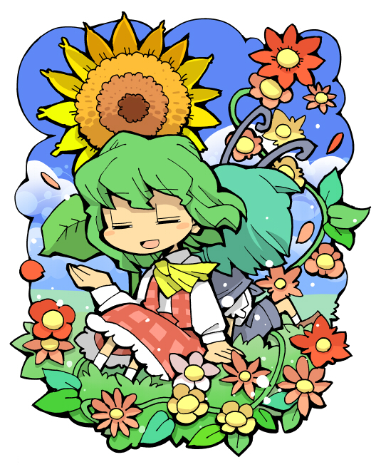 hounori, kazami yuuka, wriggle nightbug, touhou, 2girls, antennae, ascot, back, back-to-back, cape, closed eyes, female focus, field, flower, flower field, green hair, multiple girls, plaid clothes, plaid skirt, plaid vest, plant, short hair, shorts, sitting, skirt, skirt set, sunflower, vest, vines