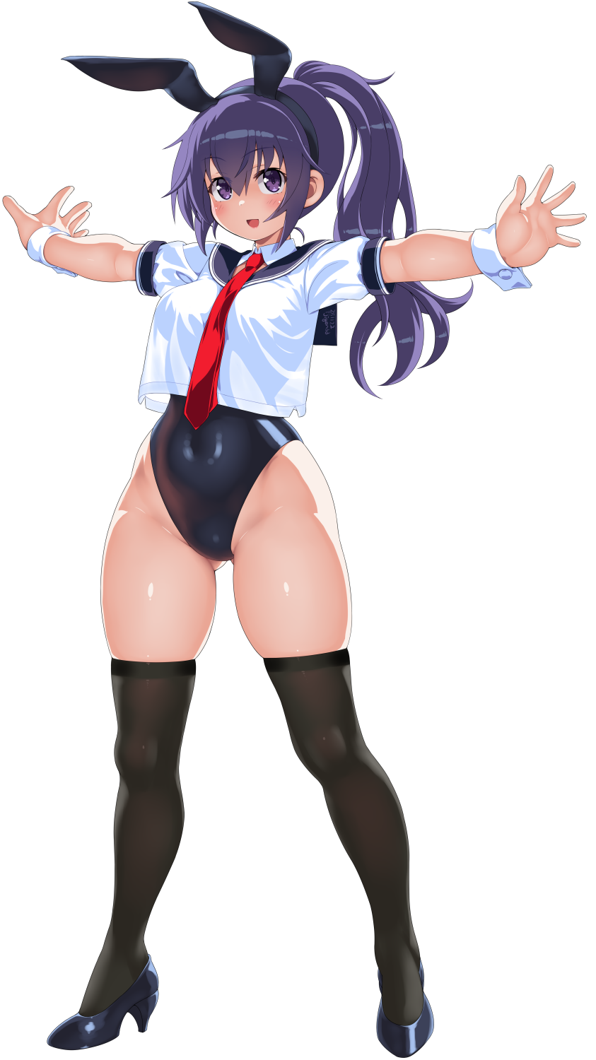 dd (ijigendd), original, commentary request, highres, 1girl, animal ears, breasts, covered navel, fake animal ears, gluteal fold, high heels, high ponytail, highleg, highleg leotard, leotard, leotard under clothes, long hair, medium breasts, neckerchief, necktie, no pants, playboy bunny, ponytail, purple eyes, purple hair, rabbit ears, sailor collar, school uniform, shirt, skindentation, solo, thighhighs, wrist cuffs