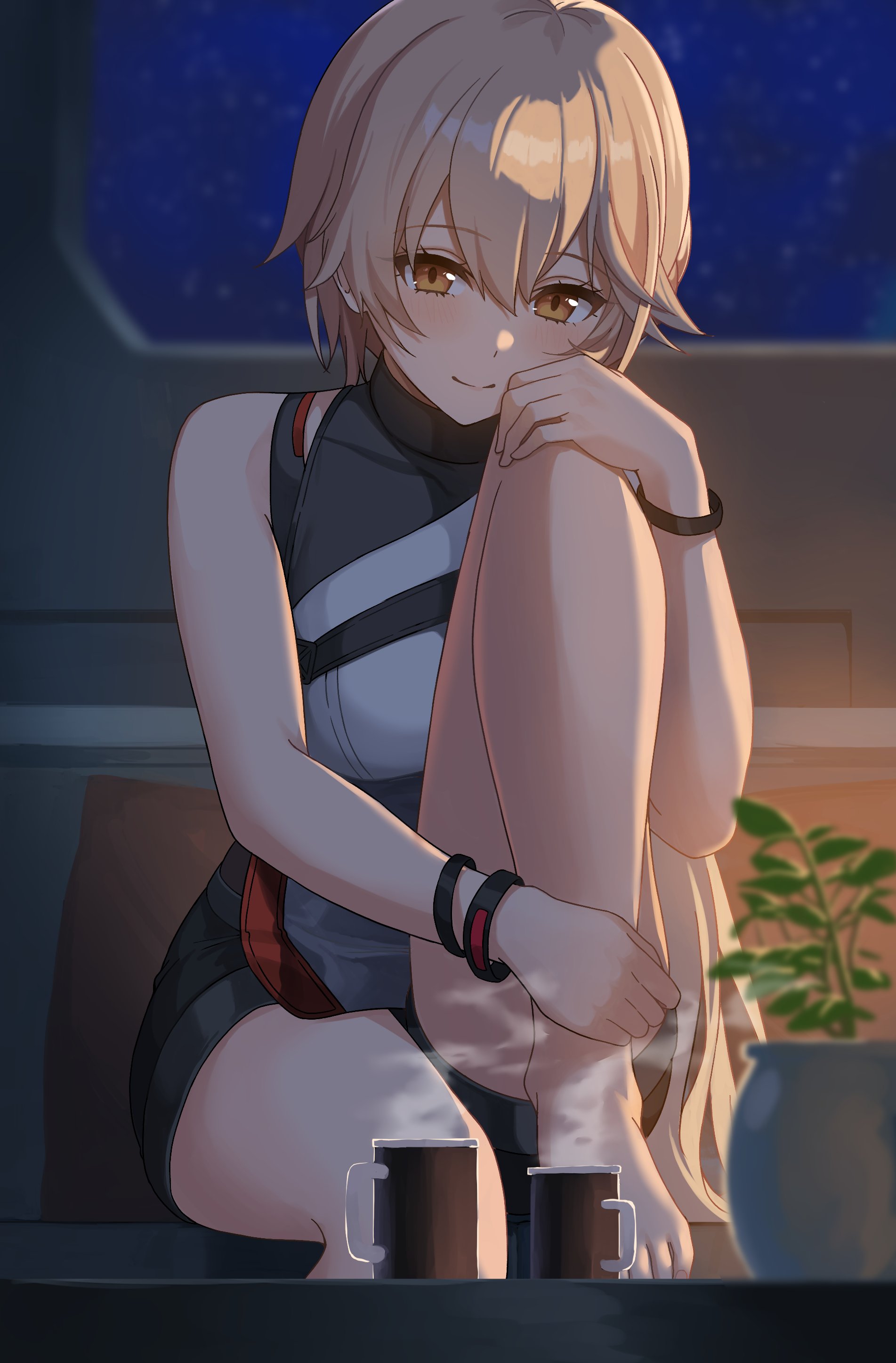 fuyutuji, groza (girls' frontline 2), ots-14 (girls' frontline), girls' frontline, girls' frontline 2: exilium, absurdres, commentary request, highres, 1girl, barefoot, blonde hair, blurry, blush, brown eyes, closed mouth, cup, depth of field, elmo dormitory outfit, indoors, light smile, long hair, looking at viewer, night, pillow, plant, potted plant, sitting, sky, solo, steam, toes