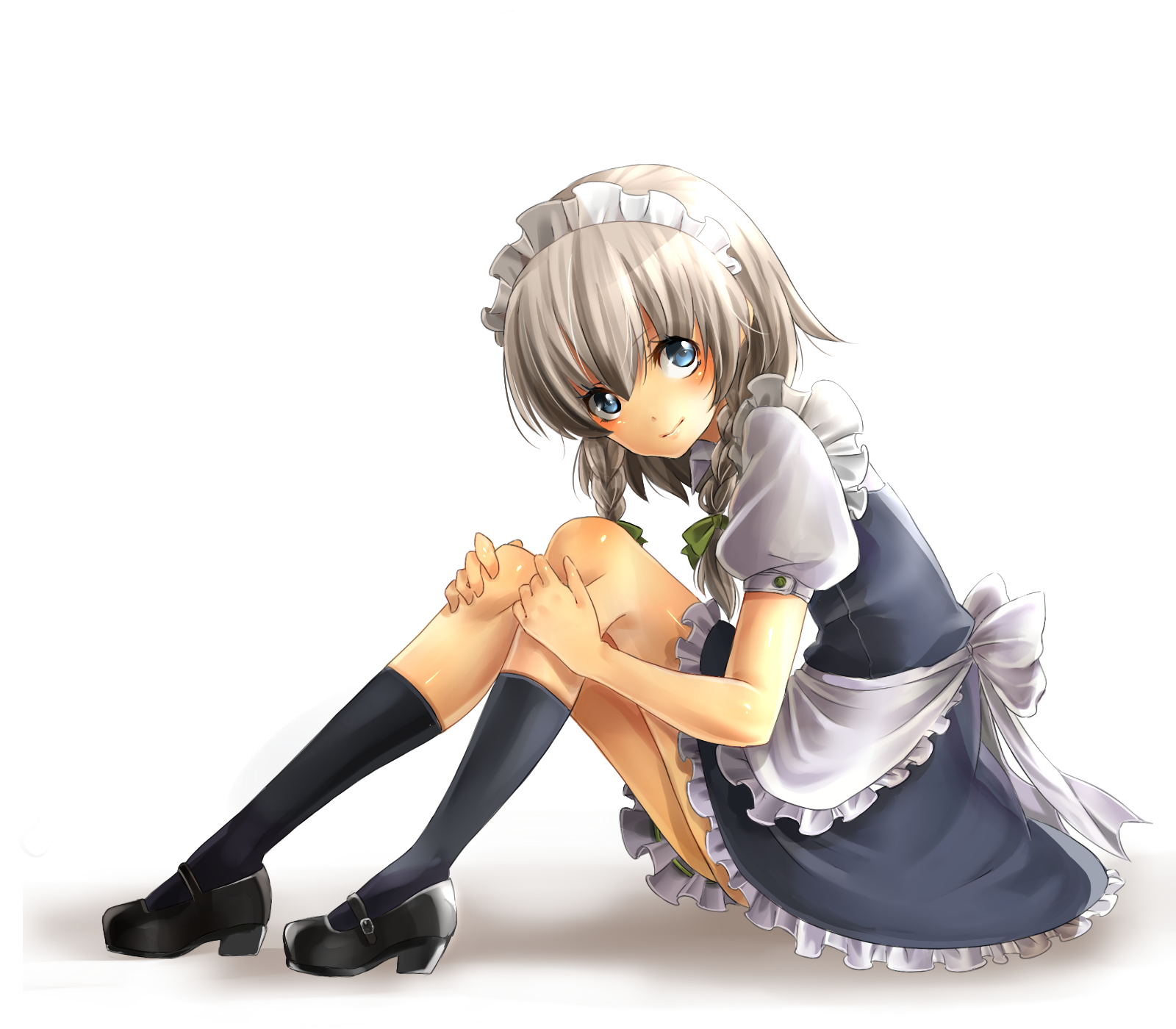 rojiko, izayoi sakuya, touhou, silver hair, highres, 1girl, blue eyes, braid, female focus, full body, gradient background, maid, mary janes, shoes, short hair, solo, twin braids, white background