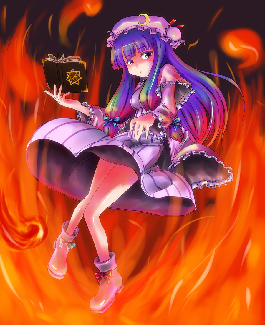 yarusena, patchouli knowledge, touhou, 1girl, book, female focus, fire, full body, hat, legs, long hair, purple eyes, purple hair, ribbon, shoes, solo