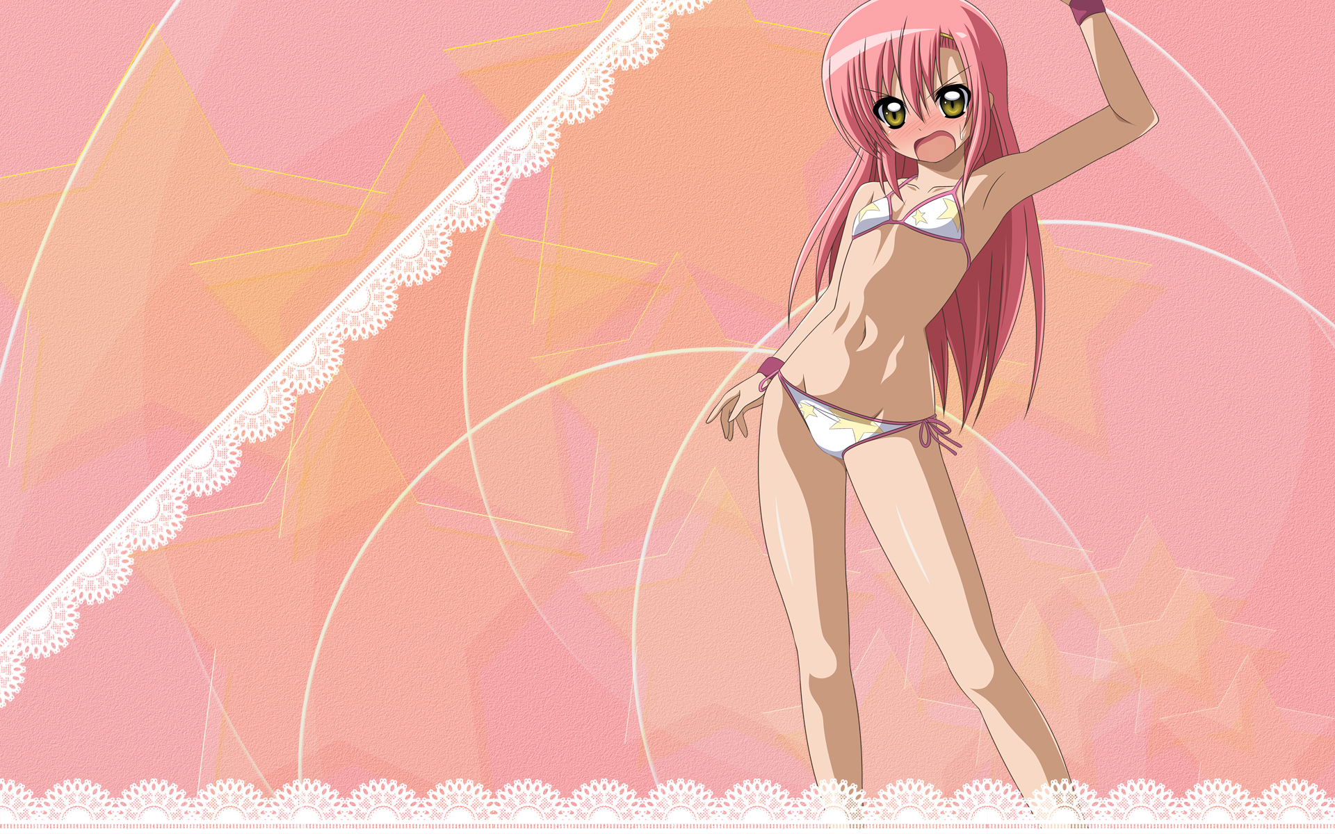 katsura hinagiku, hayate no gotoku!, highres, 00s, 1girl, bikini, blush, female focus, flat chest, green eyes, long hair, open mouth, pink hair, solo, swimsuit