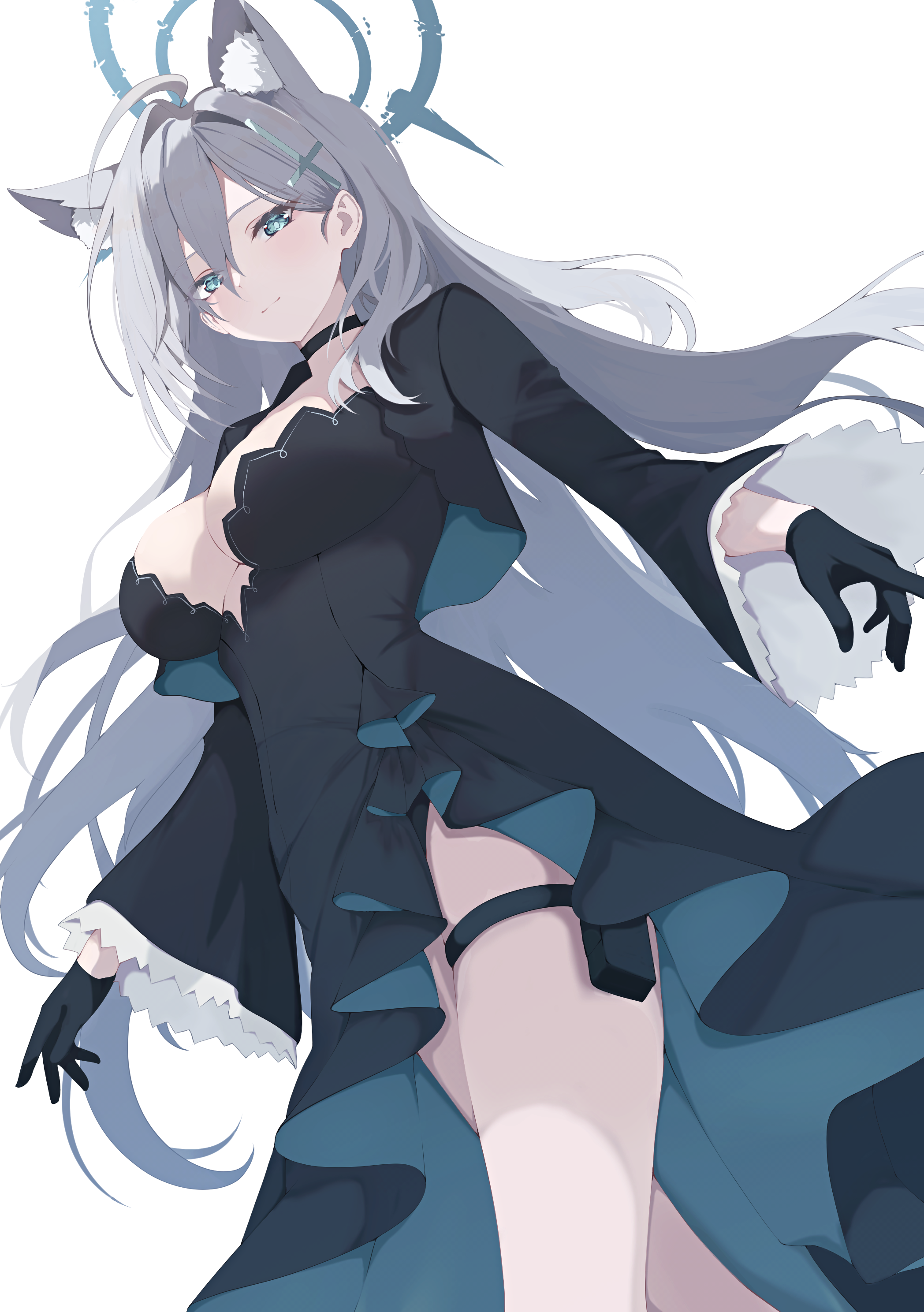 natsuki (natsu 1936), shiroko terror (blue archive), blue archive, absurdres, commentary, highres, 1girl, ahoge, animal ear fluff, animal ears, aqua eyes, black choker, black dress, black gloves, black jacket, breasts, choker, cropped jacket, cross hair ornament, dress, dutch angle, extra ears, feet out of frame, gloves, grey hair, hair ornament, halo, holster, jacket, large breasts, light smile, long hair, long sleeves, looking at viewer, plunging neckline, simple background, solo, straight hair, thigh holster, thigh strap, very long hair, white background, wolf ears