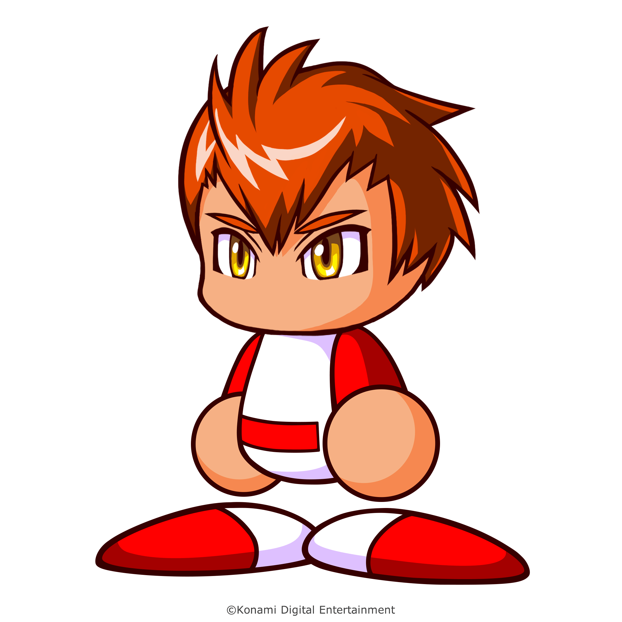 jikkyou powerful pro yakyuu, artist request, highres, official art, 1boy, baseball uniform, brown hair, copyright notice, jikkyou powerful pro yakyuu (style), kiba arashi, multicolored shirt, multicolored shoes, no mouth, rayman limbs, red shirt, red shoes, shirt, shoes, short hair, solo, sportswear, two-tone shirt, two-tone shoes, white shirt, white shoes, yellow eyes