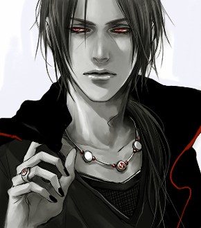 lily (artist), uchiha itachi, naruto (classic), naruto (series), lowres, 1boy, akatsuki (naruto), jewelry, long hair, male focus, monochrome, nail polish, necklace, ponytail, red eyes, ring, scar, solo, spot color