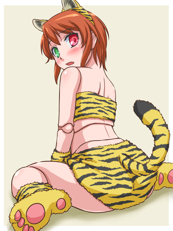 kurai (cry), souseiseki, rozen maiden, artist request, md5 mismatch, 00s, 1girl, animal ears, animal print, ass, doll joints, female focus, heterochromia, joints, solo, tail, tiger print