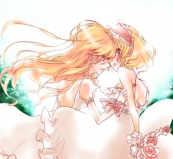 aria (harahachibunme), aria (opera), alice margatroid, kirisame marisa, touhou, bad id, bad pixiv id, 2girls, bare shoulders, blonde hair, blue eyes, dress, elbow gloves, female focus, flower, frills, gloves, hairband, imminent kiss, lips, long hair, multiple girls, no headwear, profile, ribbon, rose, short hair, sleeveless, surprised, wedding dress, wife and wife, wind, yellow eyes, yuri