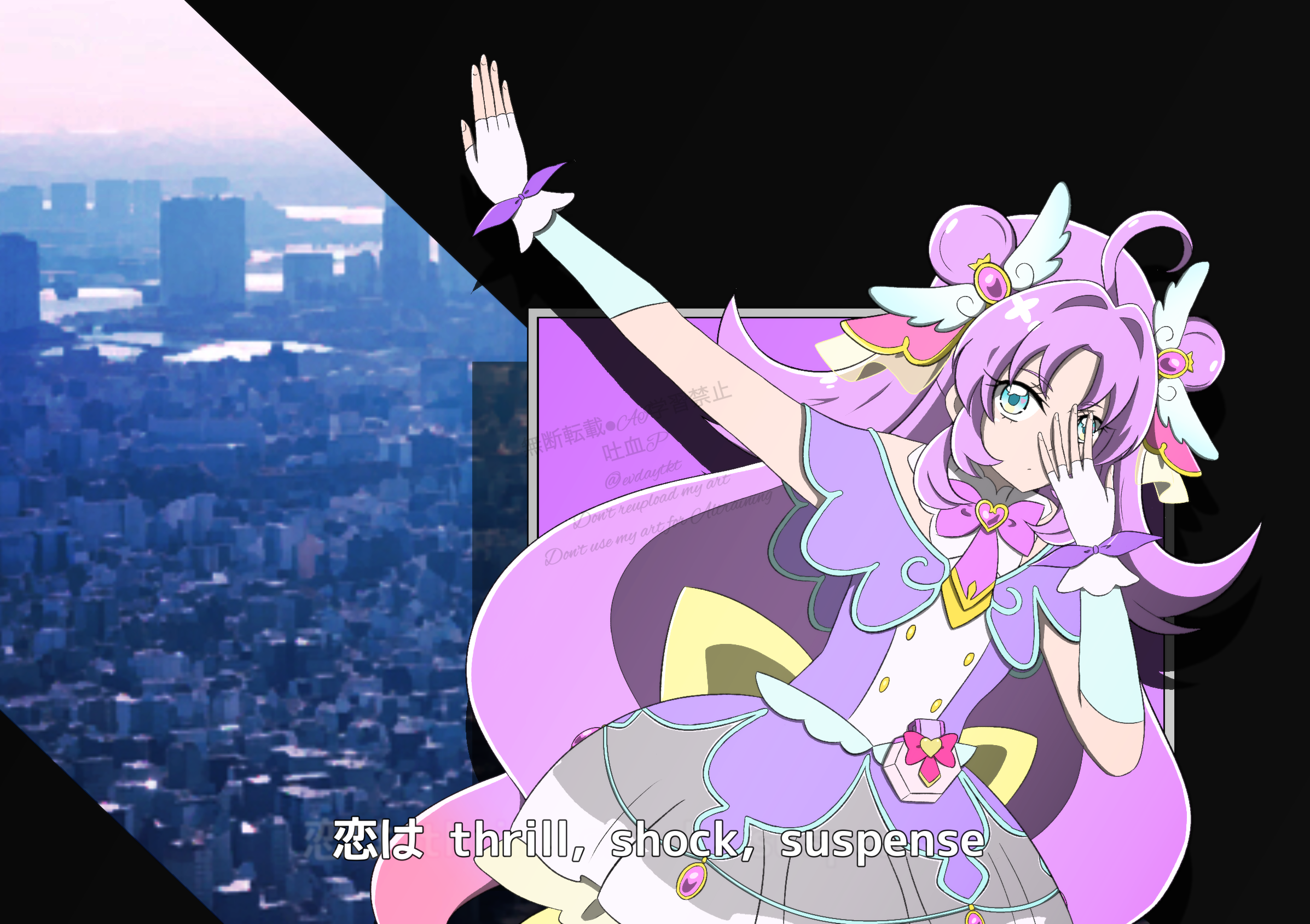 meitantei conan, commentary request, highres, capelet, city, cure answer, dancing, evdaytkt, fingerless gloves, gloves, koi wa thrill shock suspense, lyrics, meitantei precure!, pact holder, parody, purple hair