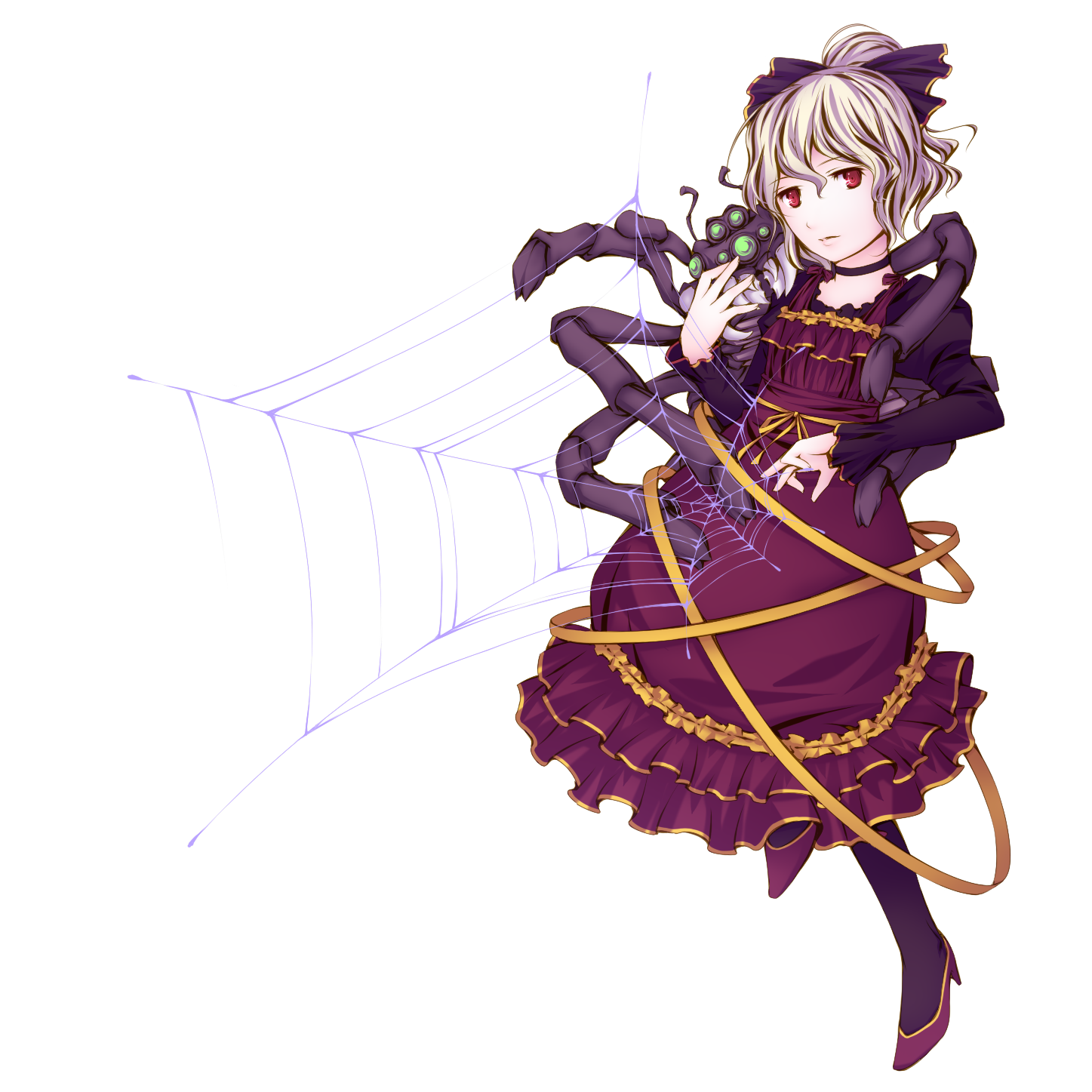 ayasaka, kurodani yamame, touhou, bad id, bad pixiv id, highres, 1girl, blonde hair, bug, dress, embellished costume, female focus, frills, full body, high heels, red eyes, shoes, short hair, silk, skirt, solo, spider, spider web, transparent background