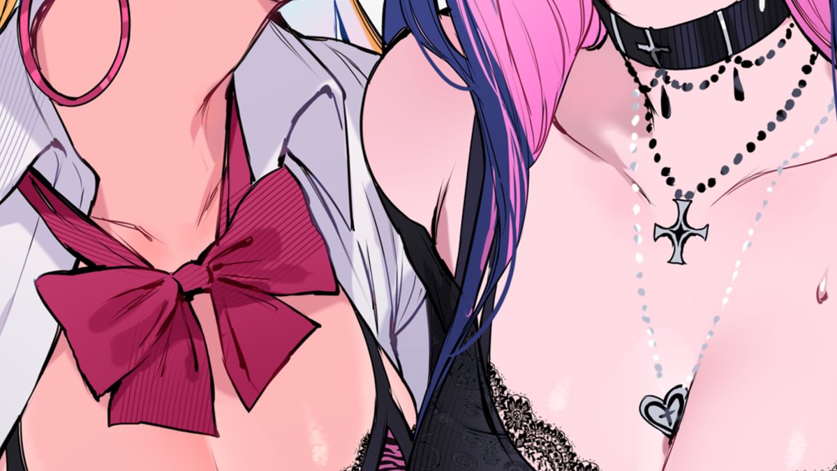 qiandaiyiyu, panty (psg), stocking (psg), panty & stocking with garterbelt, 2girls, black bra, black choker, black shirt, blue hair, bra, breasts, choker, cleavage, collarbone, earrings, hoop earrings, jewelry, large breasts, multicolored hair, multiple girls, open clothes, open shirt, pendant, purple bra, purple hair, shirt, thumbnail collage, two-tone bra, two-tone hair, underwear, white shirt