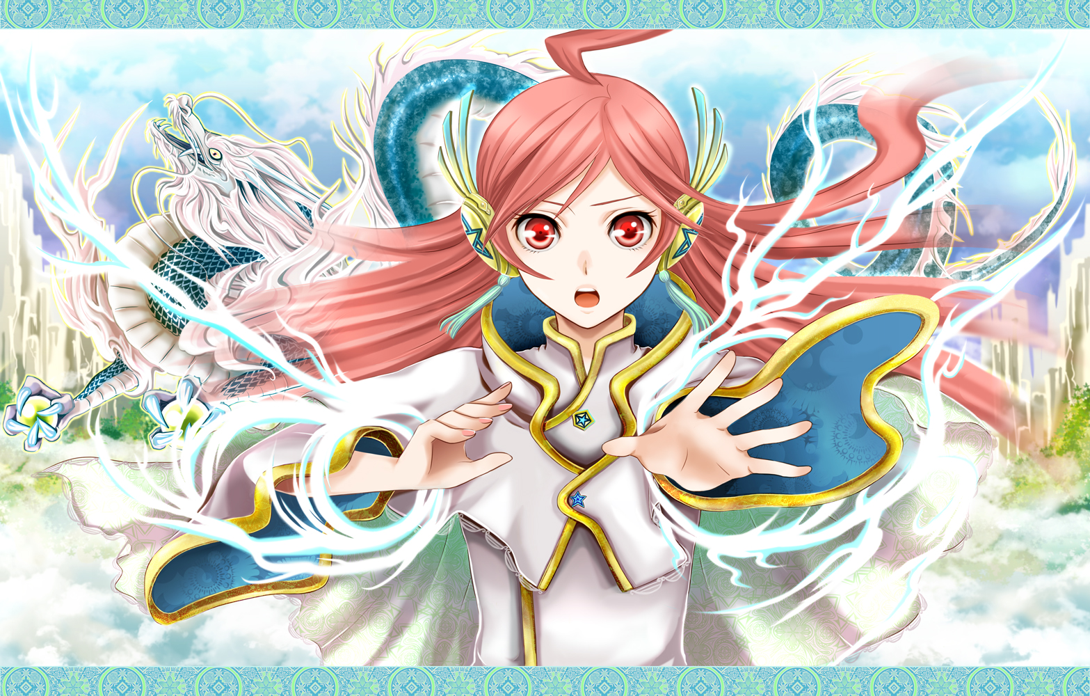 wool (kurokrkr), sf-a2 miki, vocaloid, uniform, bad id, bad pixiv id, 1girl, ahoge, dragon, female focus, long hair, red eyes, red hair, solo