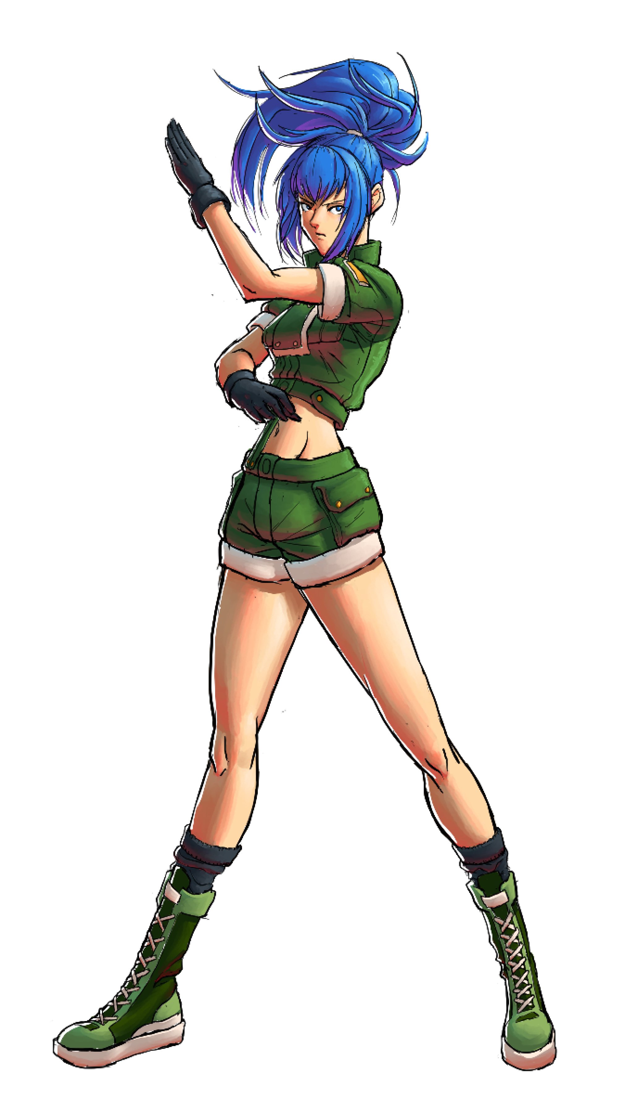 leona heidern, the king of fighters, 1girl, blue eyes, blue hair, boots, breasts, gloves, jacket, jimblebimbler, large breasts, leather, long hair, looking at viewer, military, pale skin, ponytail, shorts, socks, standing