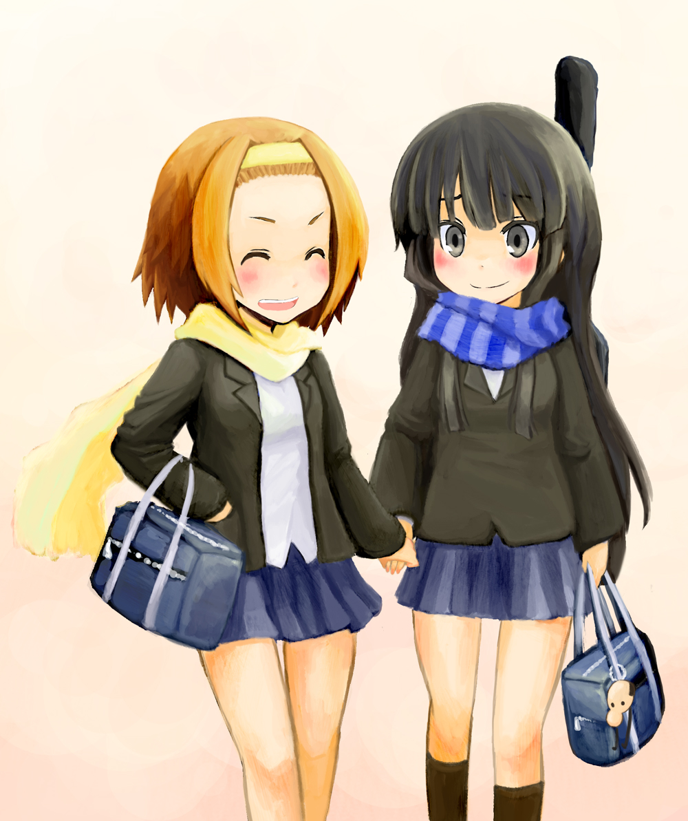mugi (banban53), akiyama mio, tainaka ritsu, k-on!, bad id, bad pixiv id, 00s, 2girls, black eyes, black hair, brown hair, closed eyes, guitar case, hair held back, hairband, instrument case, long hair, multiple girls, scarf, school uniform, short hair, smile, striped clothes, striped scarf