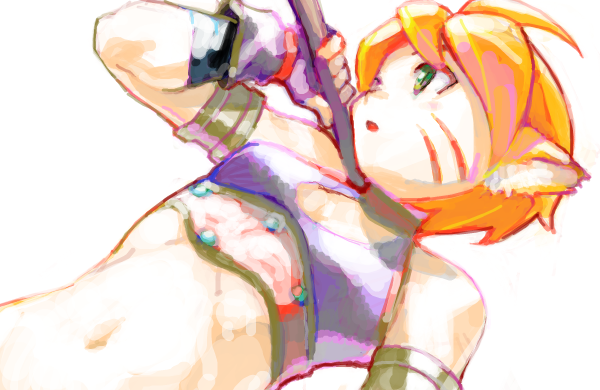 mizuki kotora, katt (breath of fire), breath of fire, breath of fire ii, capcom, 1girl, armlet, bare shoulders, female focus, green eyes, jewelry, midriff, orange hair, polearm, short hair, solo, weapon, white background