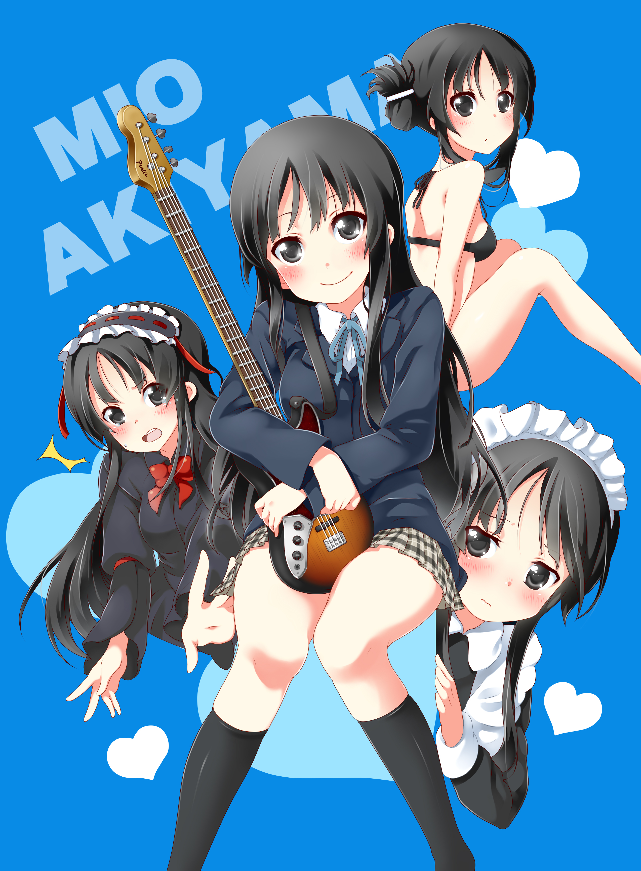 mitsuki meia, akiyama mio, fuwafuwa time, k-on!, absurdres, highres, 00s, alternate costume, alternate hairstyle, bass guitar, bikini, black eyes, black hair, enmaided, fender (company), fender jazz bass, guitar, instrument, lolita fashion, long hair, maid, school uniform, swimsuit